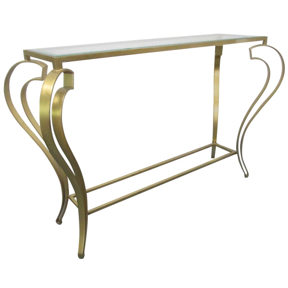 Hollywood Regency Iron Gold Gild Console Table For Sale