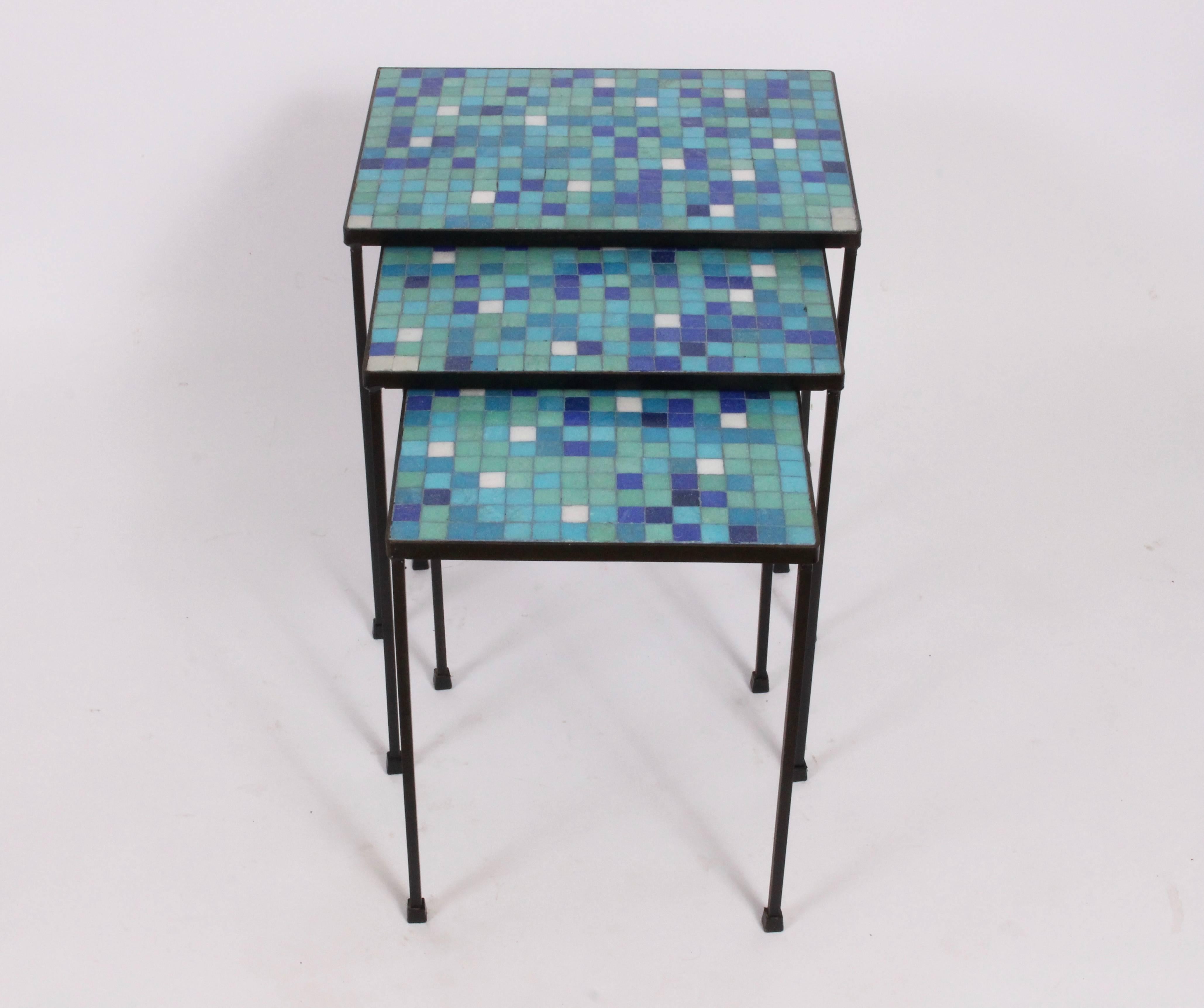 1950s Set of Three Black Wrought Iron and Blue and Green Tile Stacking Tables In Good Condition In Bainbridge, NY