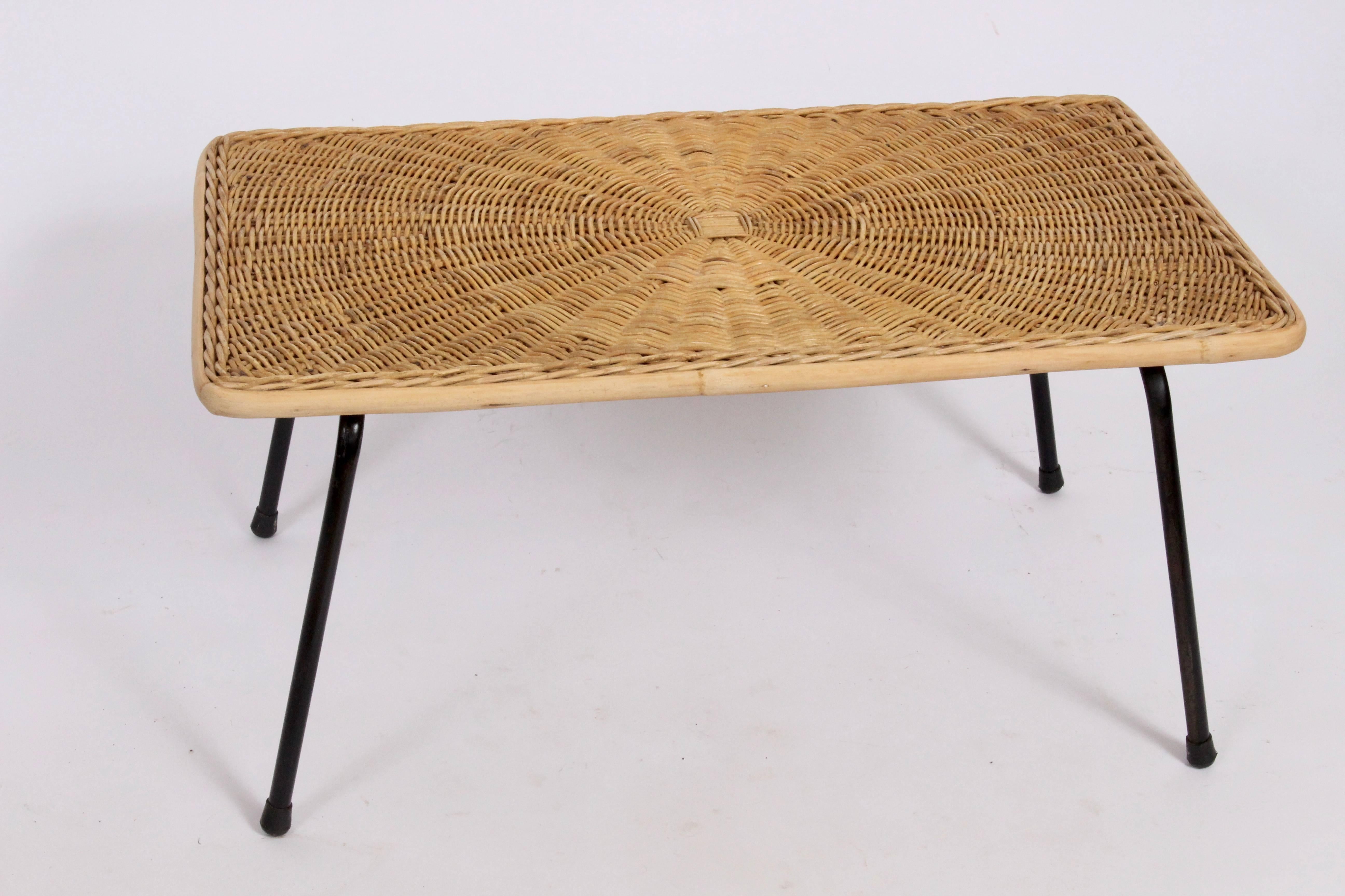 American Arthur Umanoff Wrought Iron and Rattan Coffee Table, 1950s