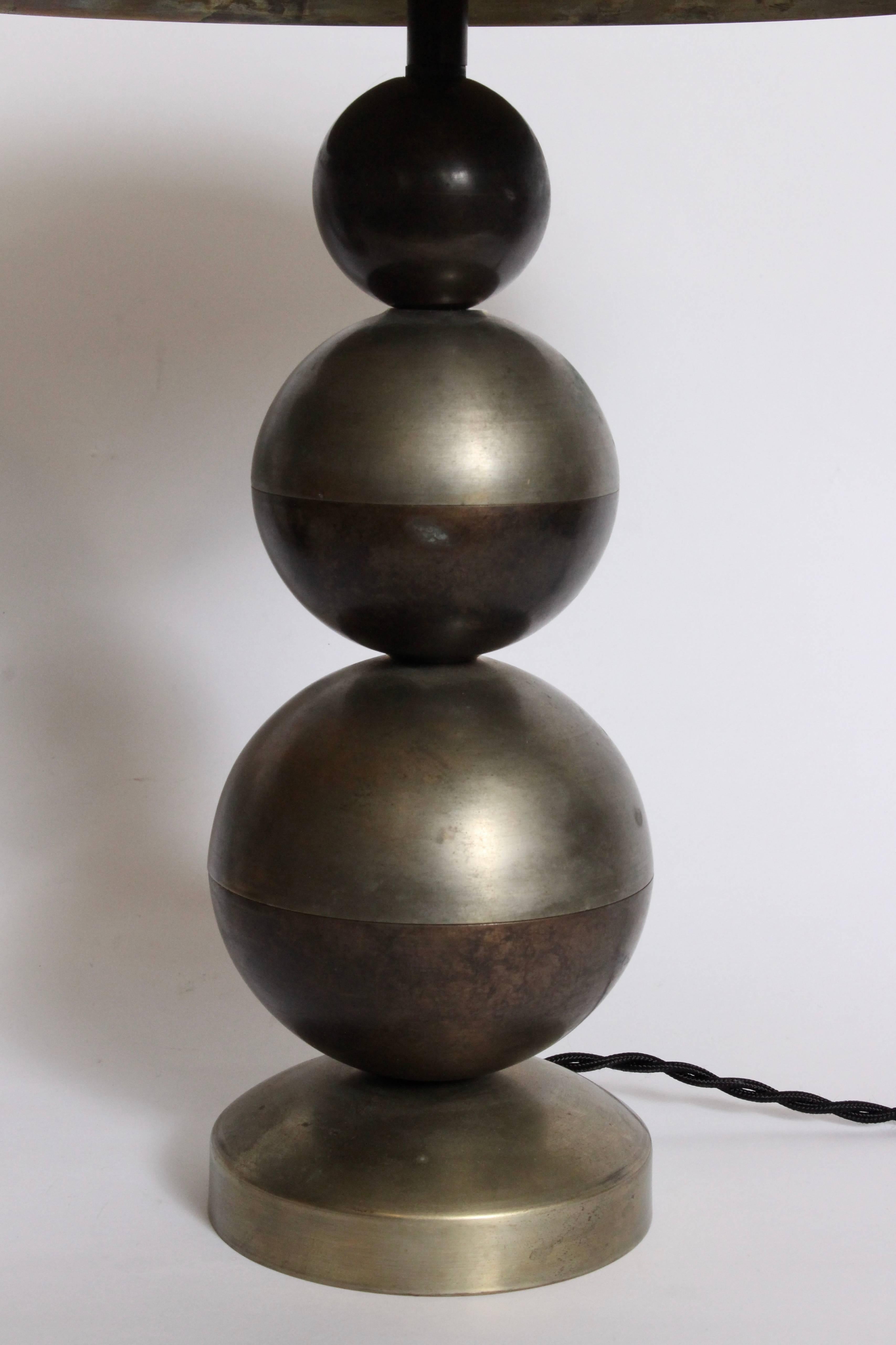 Austrian Pair of Boris Lacroix Stacked Nickel Plate & Brass Table Lamps with Dome Shades