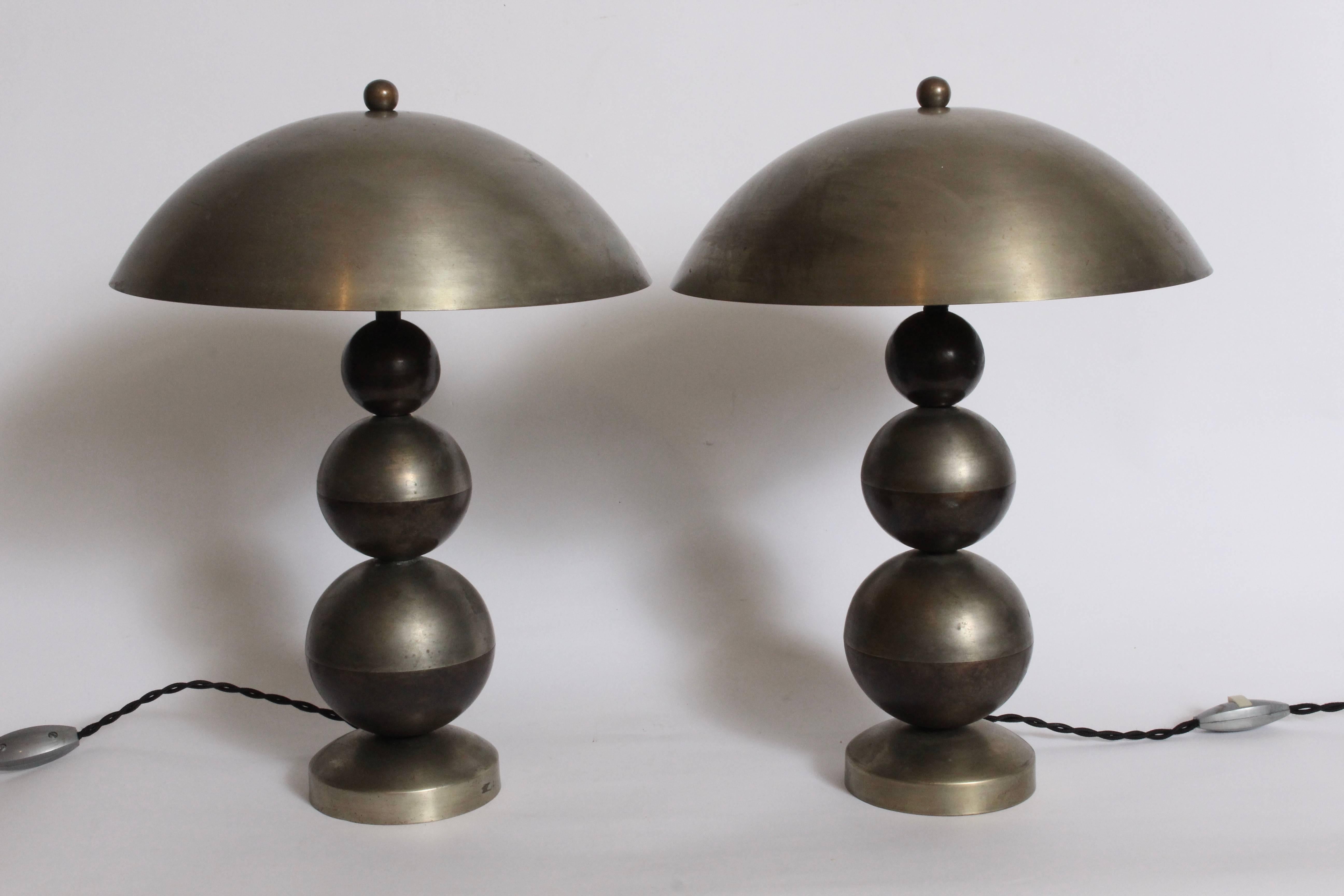 Pair of Boris Lacroix Stacked Nickel Plate & Brass Table Lamps with Dome Shades In Good Condition In Bainbridge, NY