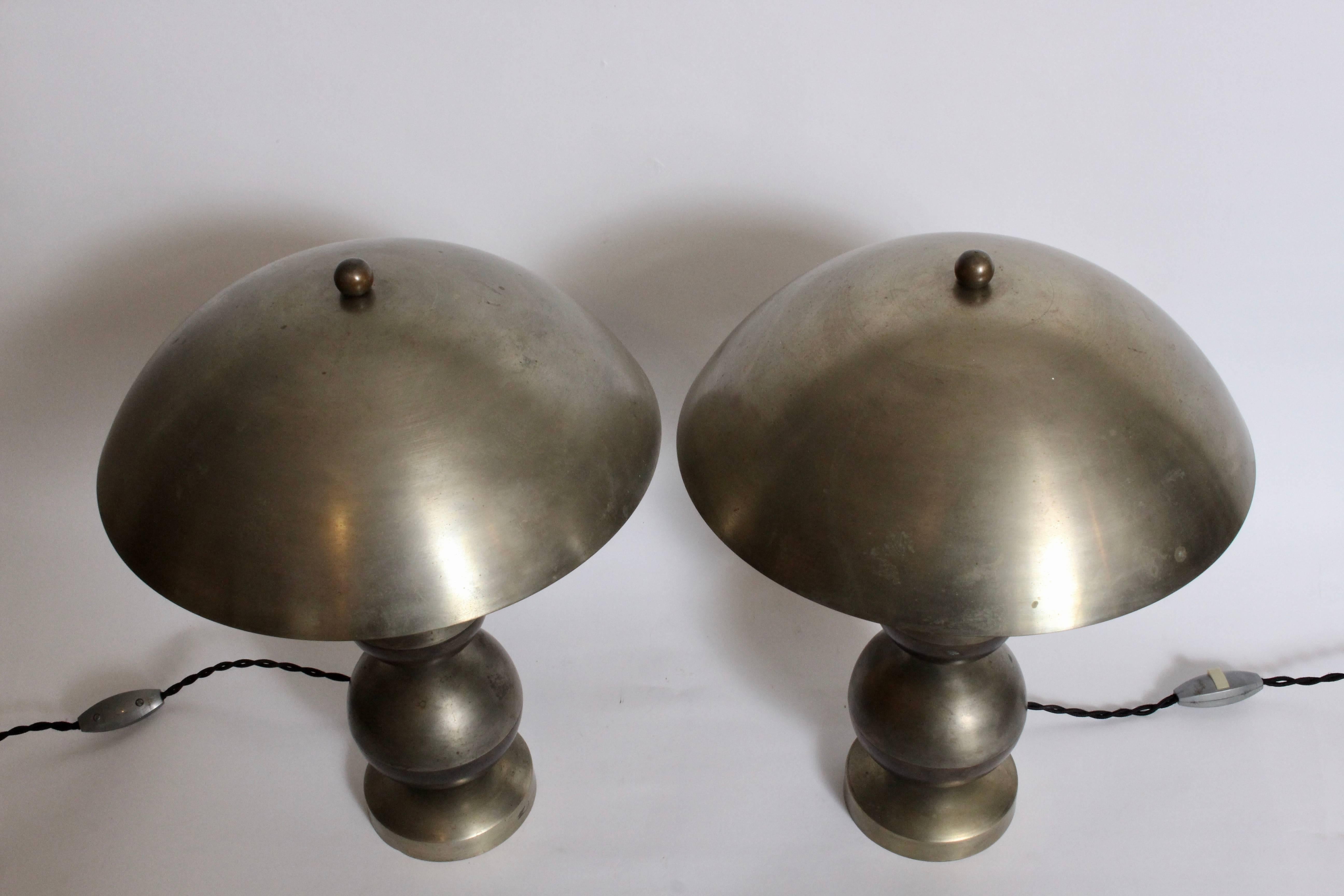 Bauhaus Pair of Boris Lacroix Stacked Nickel Plate & Brass Table Lamps with Dome Shades