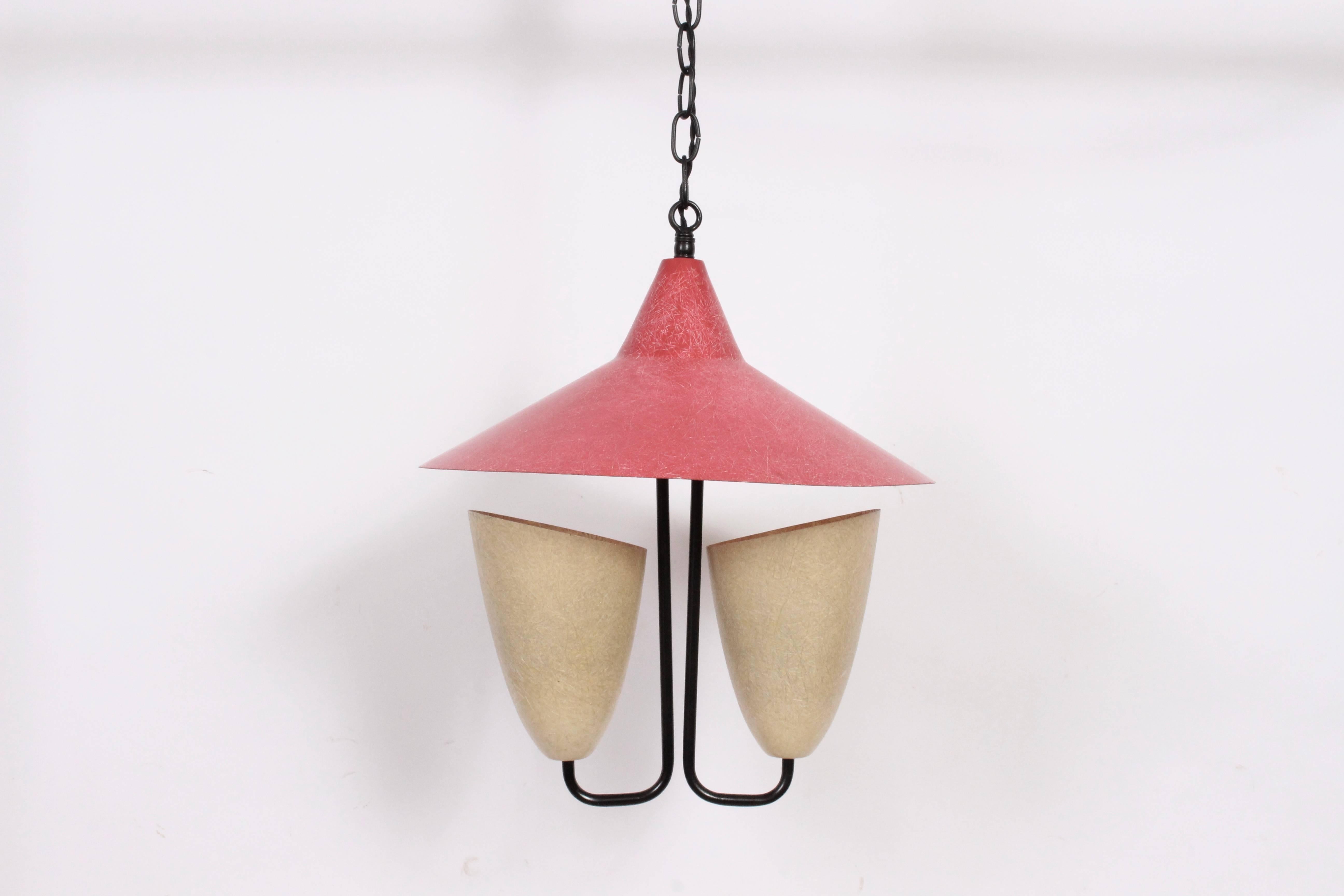 Enameled Kurt Versen Style Cream Double Cone Hanging Lamp with Red Fiberglass Hat For Sale