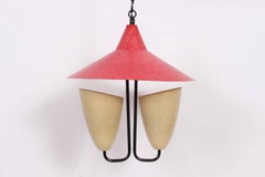 Kurt Versen Style Cream Double Cone Hanging Lamp with Red Fiberglass Hat