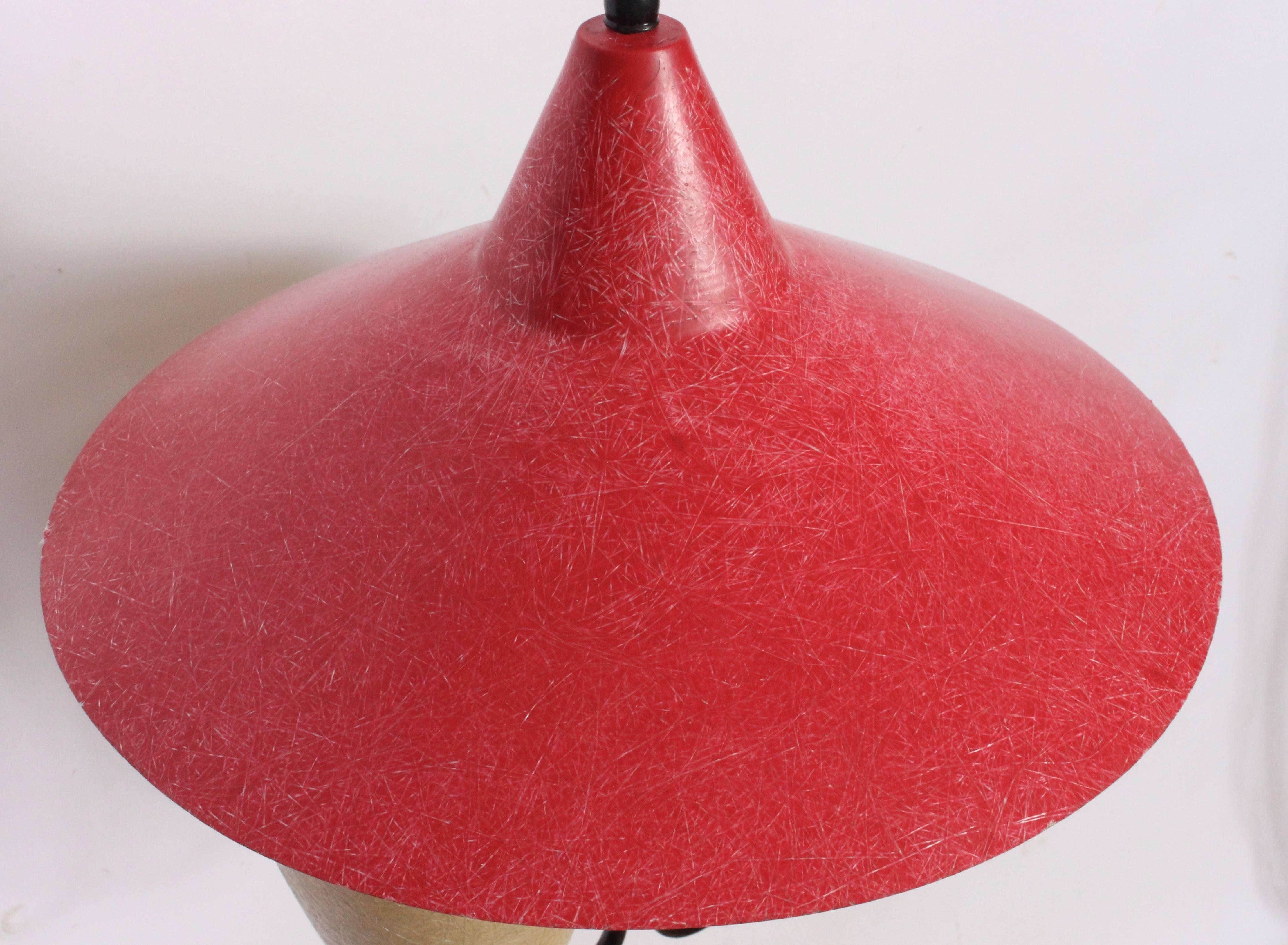 American Kurt Versen Style Cream Double Cone Hanging Lamp with Red Fiberglass Hat For Sale