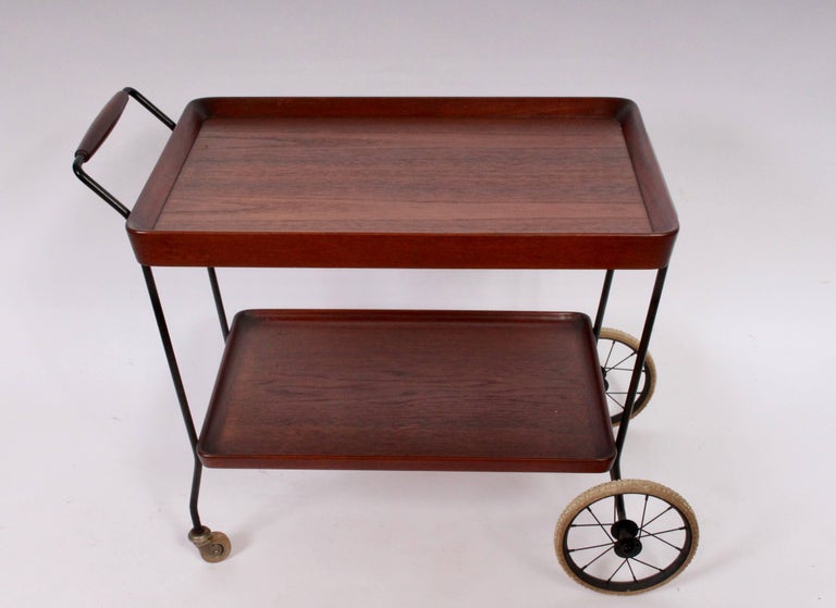 Danish Modern Teak and Black Enamel Rolling Cart with Two Shelves, 1950