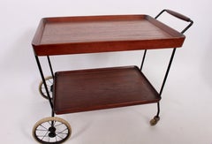 Danish Modern Handled Teak & Black Enamel Rolling Two Tier Cart, 1950's