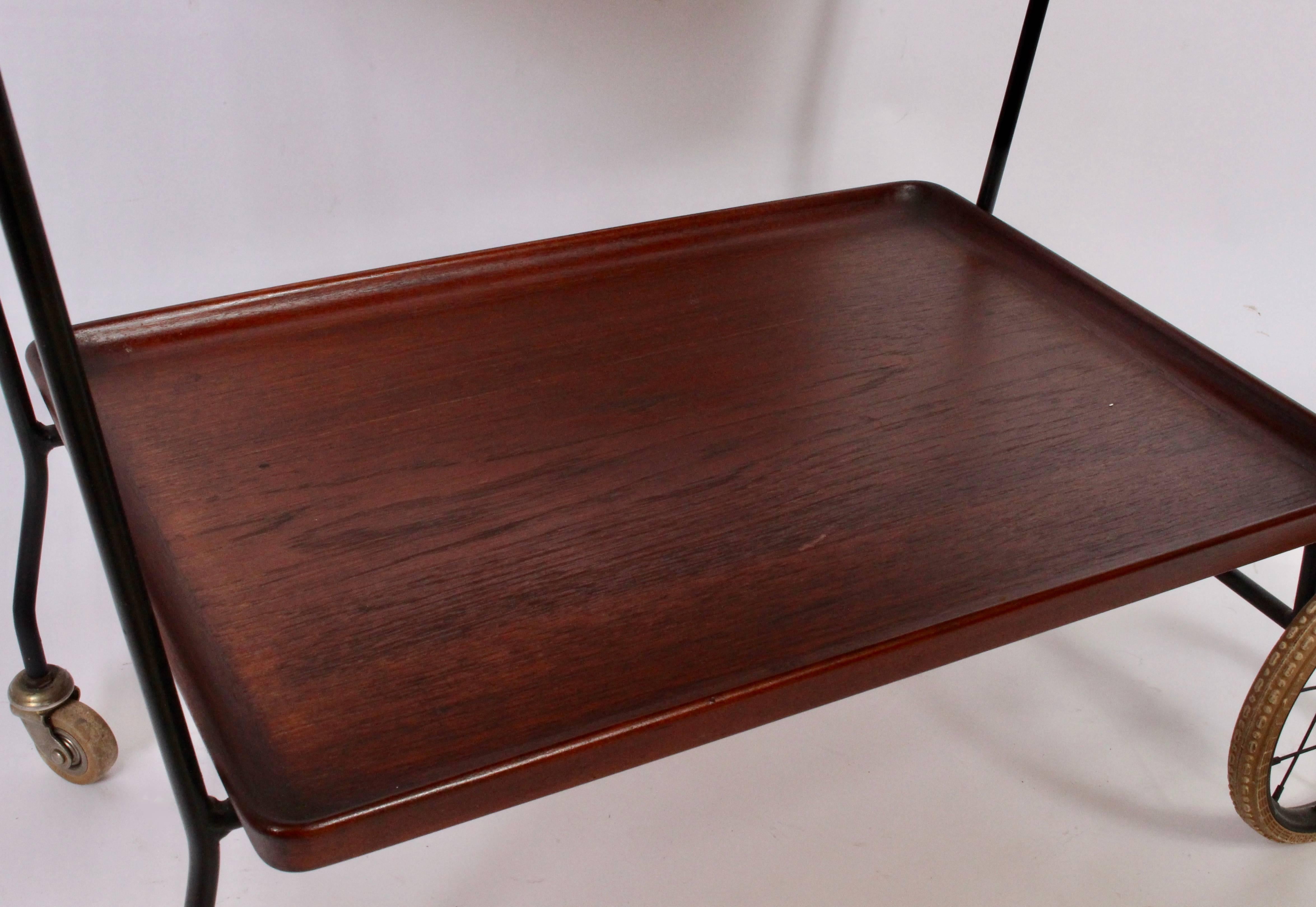 Enameled Danish Modern Handled Teak & Black Enamel Rolling Two Tier Cart, 1950's  For Sale