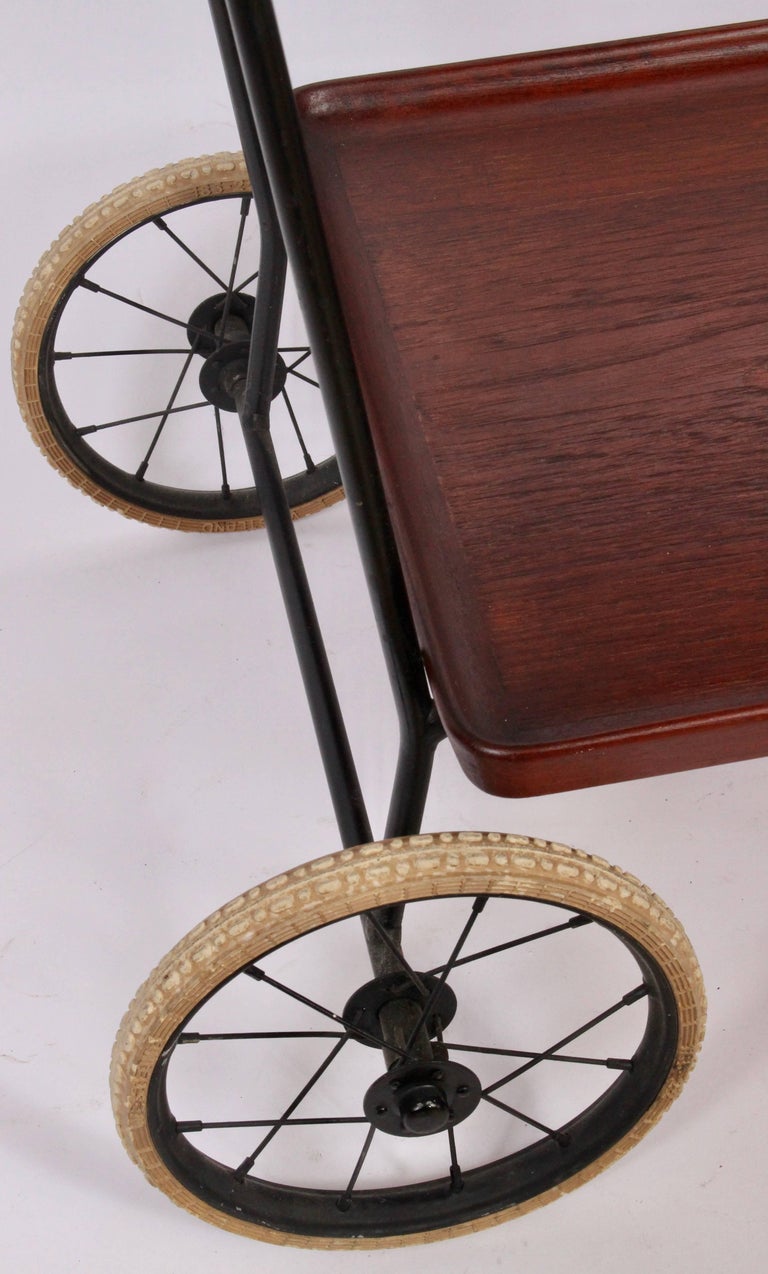 Danish Modern Teak and Black Enamel Rolling Cart with Two Shelves, 1950