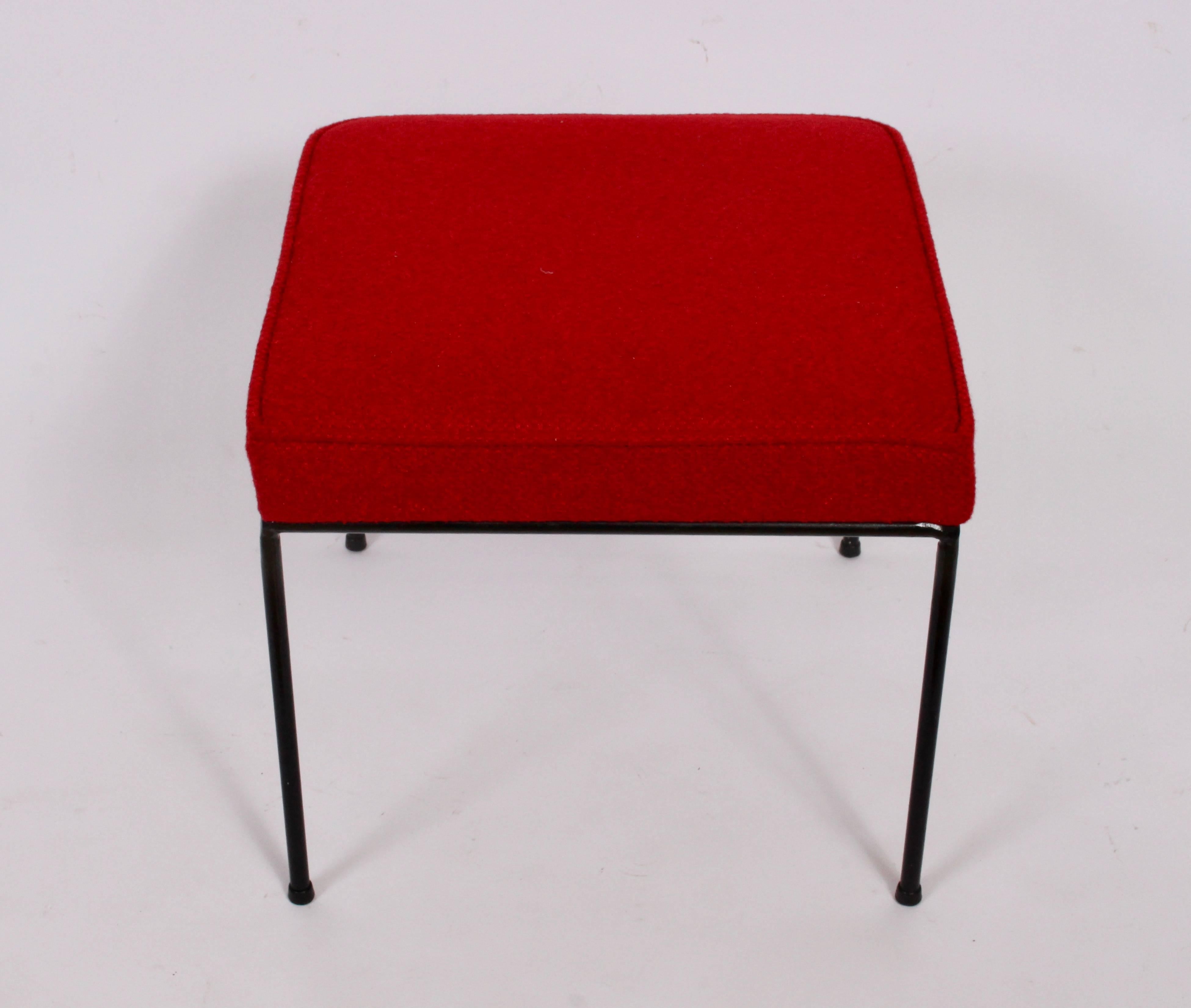 Mid-Century Modern Frederick Weinberg Black Wrought Iron Stool with Red Fabric, circa 1950