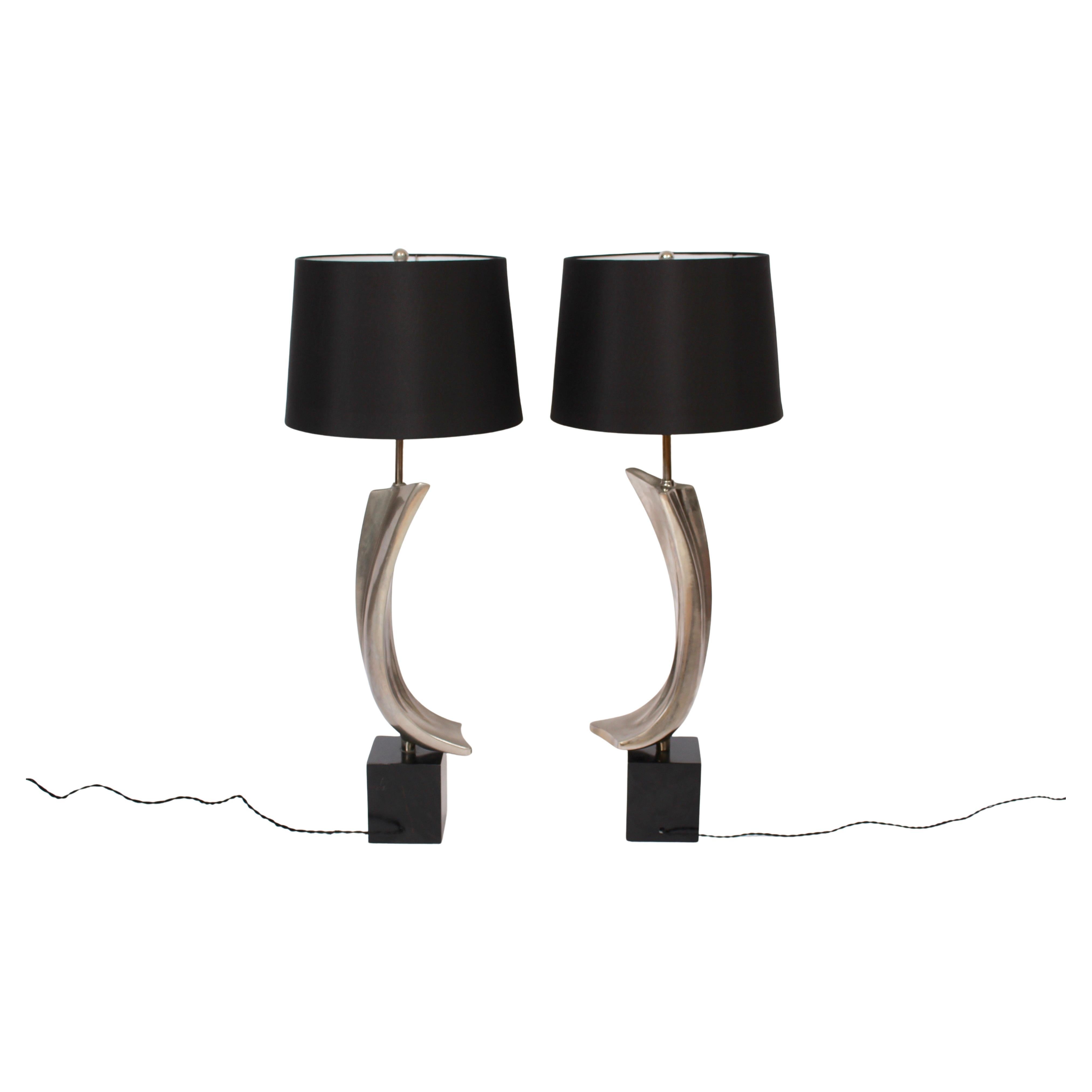 Substantial Pair Marty Leiman for Laurel Lamp Chrome & Black "Swag" Table Lamps