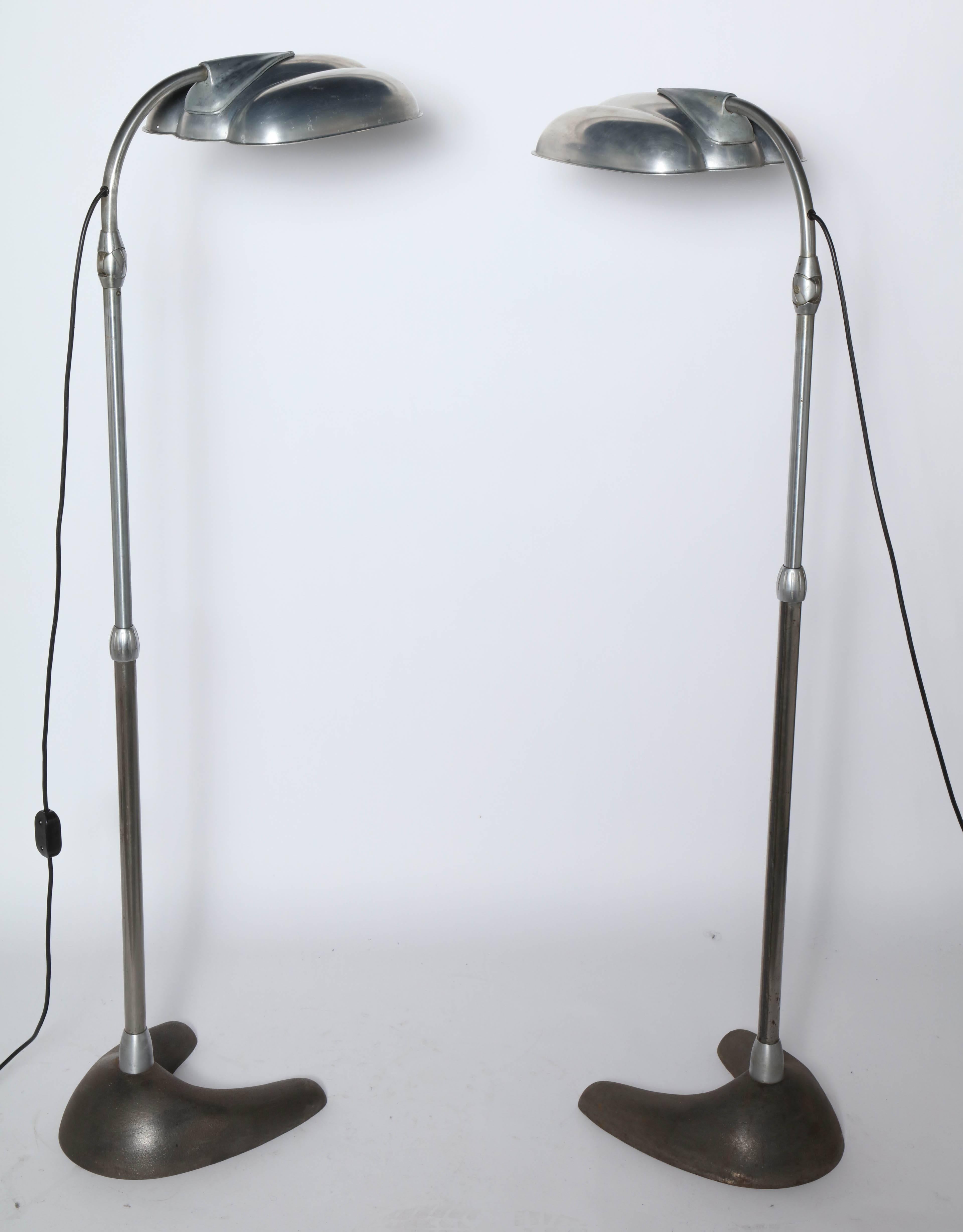 American Pair Sperti Inc. Raymond Loewy Style Aluminum & Cast Iron Adjustable Floor Lamps For Sale