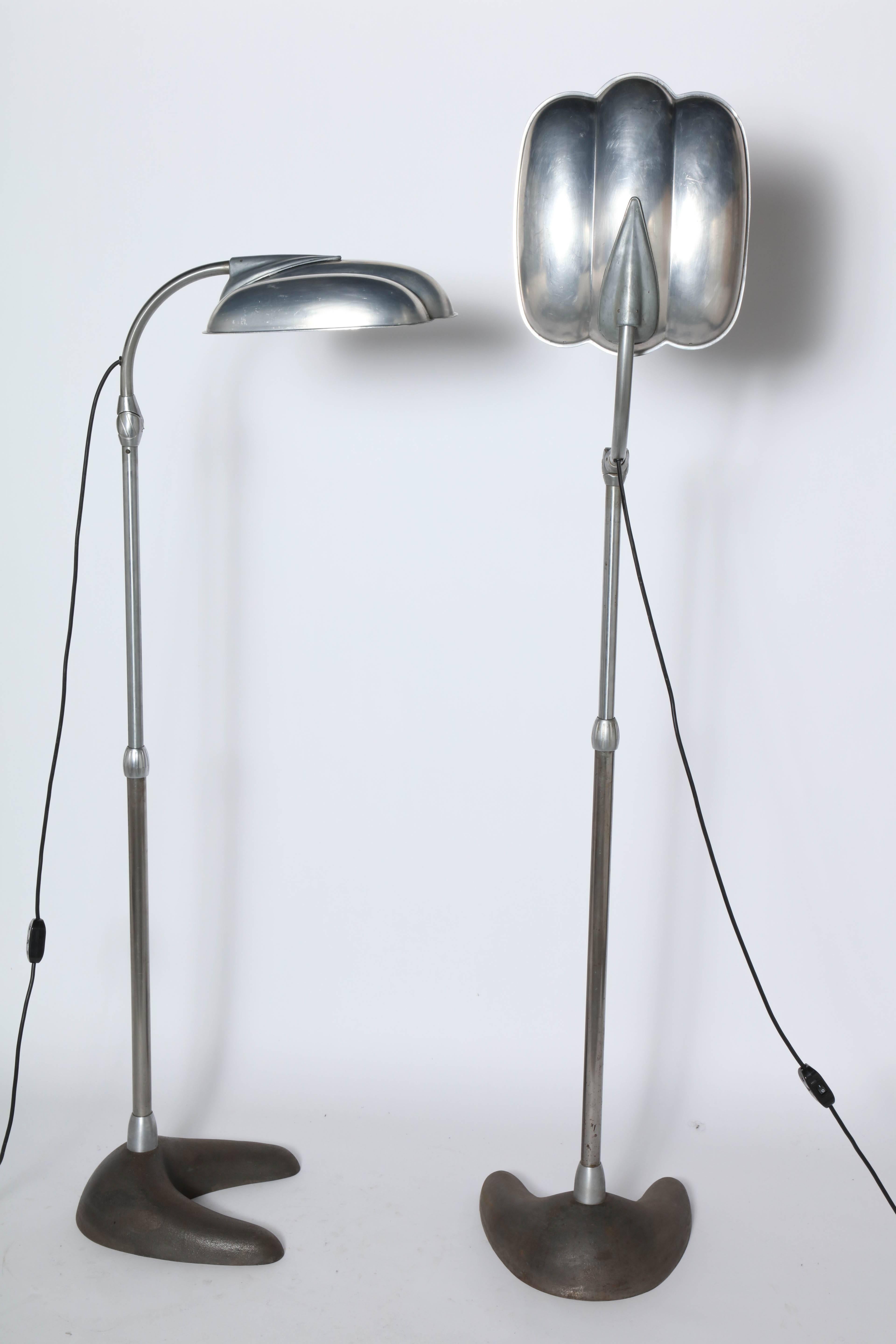 Pair Sperti Inc. Raymond Loewy Style Aluminum & Cast Iron Adjustable Floor Lamps In Good Condition For Sale In Bainbridge, NY