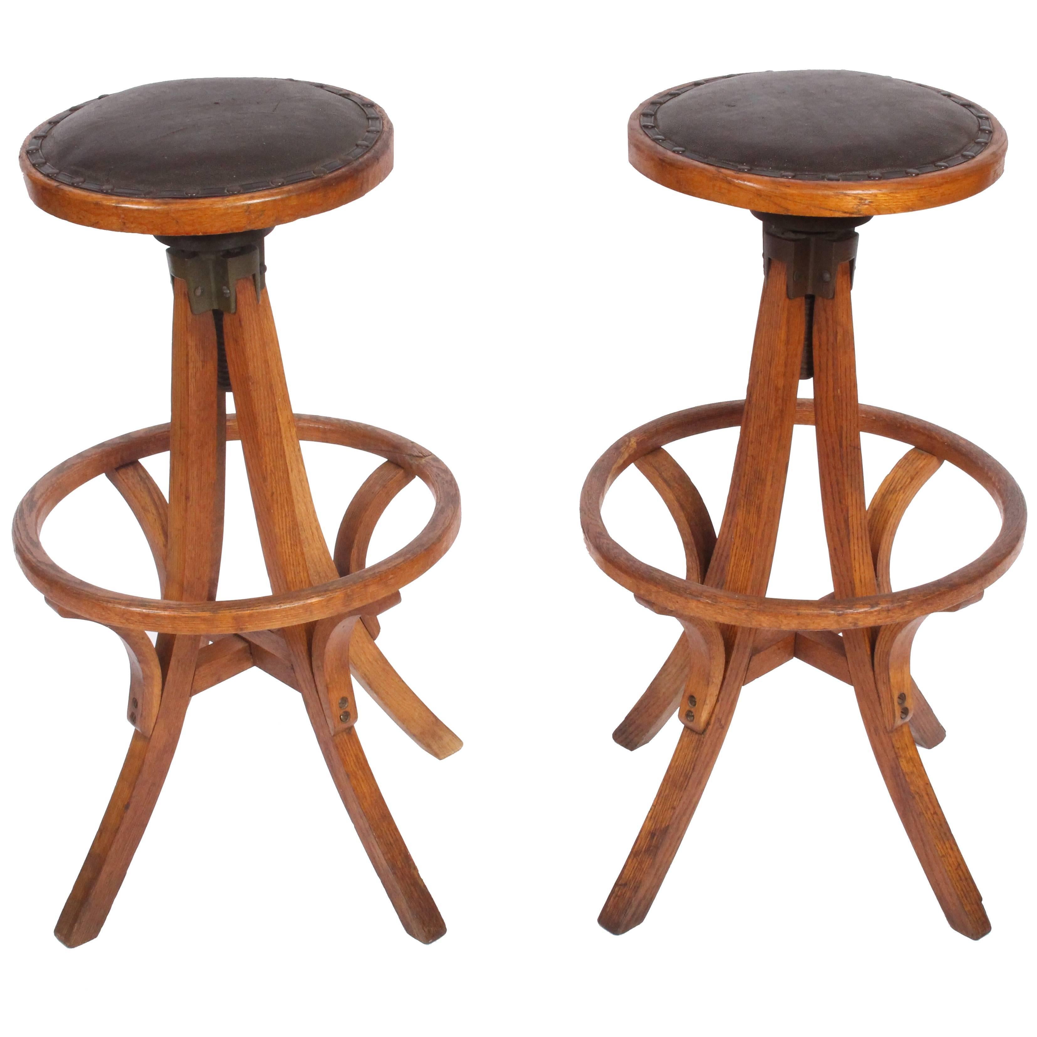 Pair of Oak & Leather Architect Swivel Stools with Heel Ring, Circa 1910 