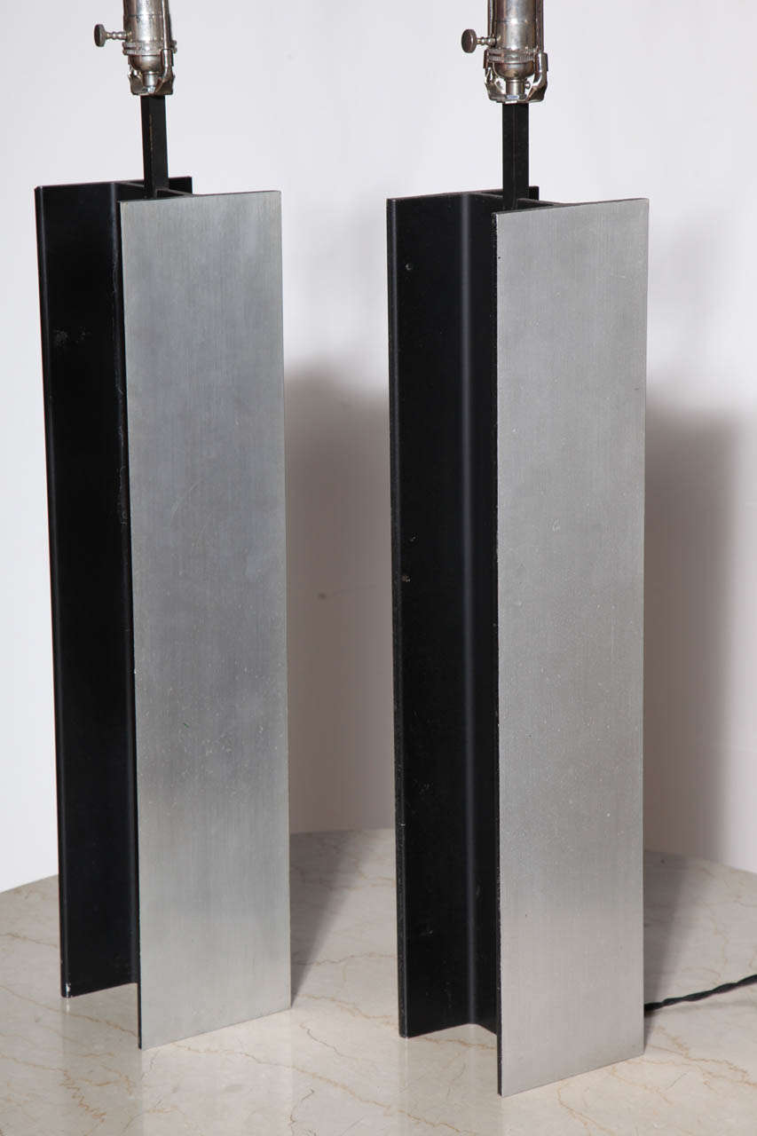 Nickel Pair of Laurel Lamp Co. I Beam Silver & Black Steel Table Lamps, 1960's For Sale