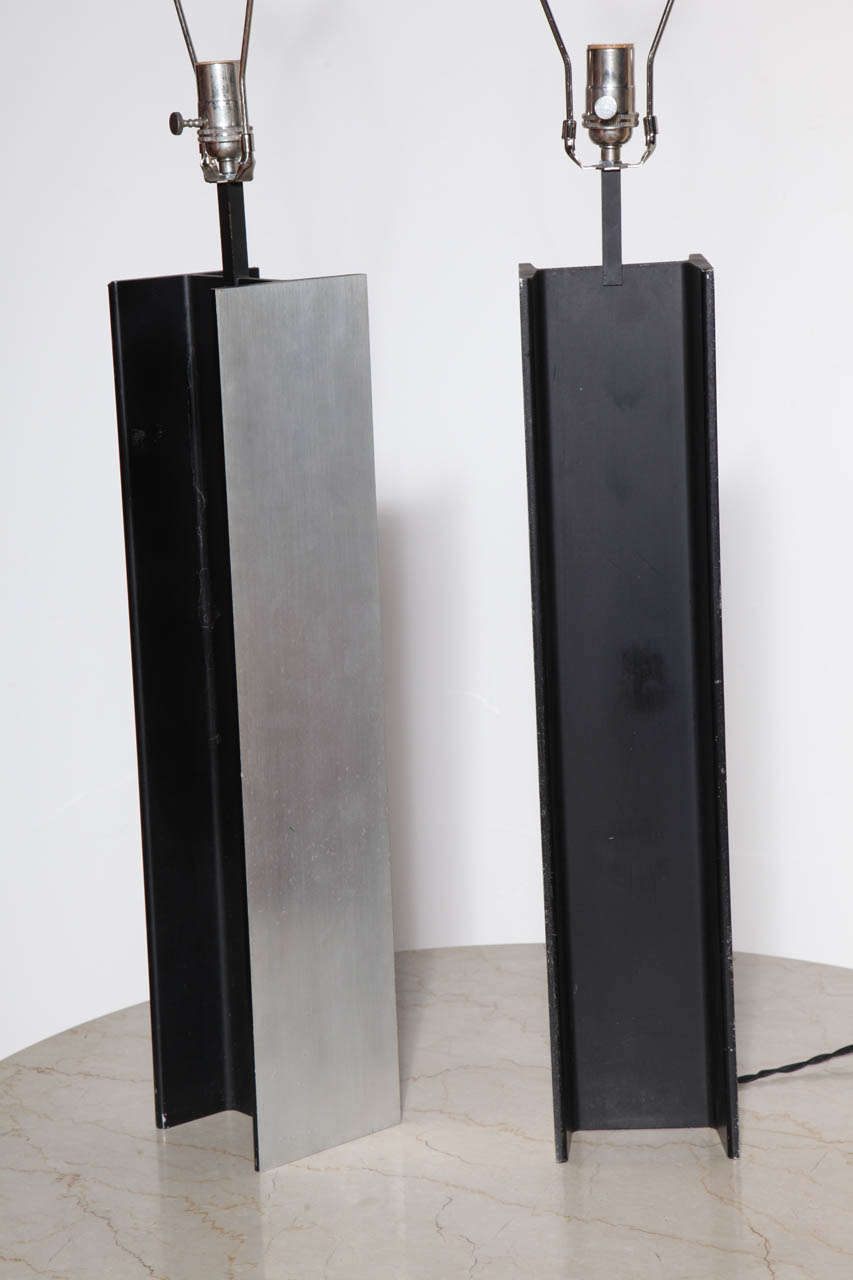 American Pair of Laurel Lamp Co. I Beam Silver & Black Steel Table Lamps, 1960's For Sale