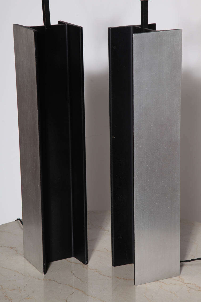 Brushed Pair of Laurel Lamp Co. I Beam Silver & Black Steel Table Lamps, 1960's For Sale