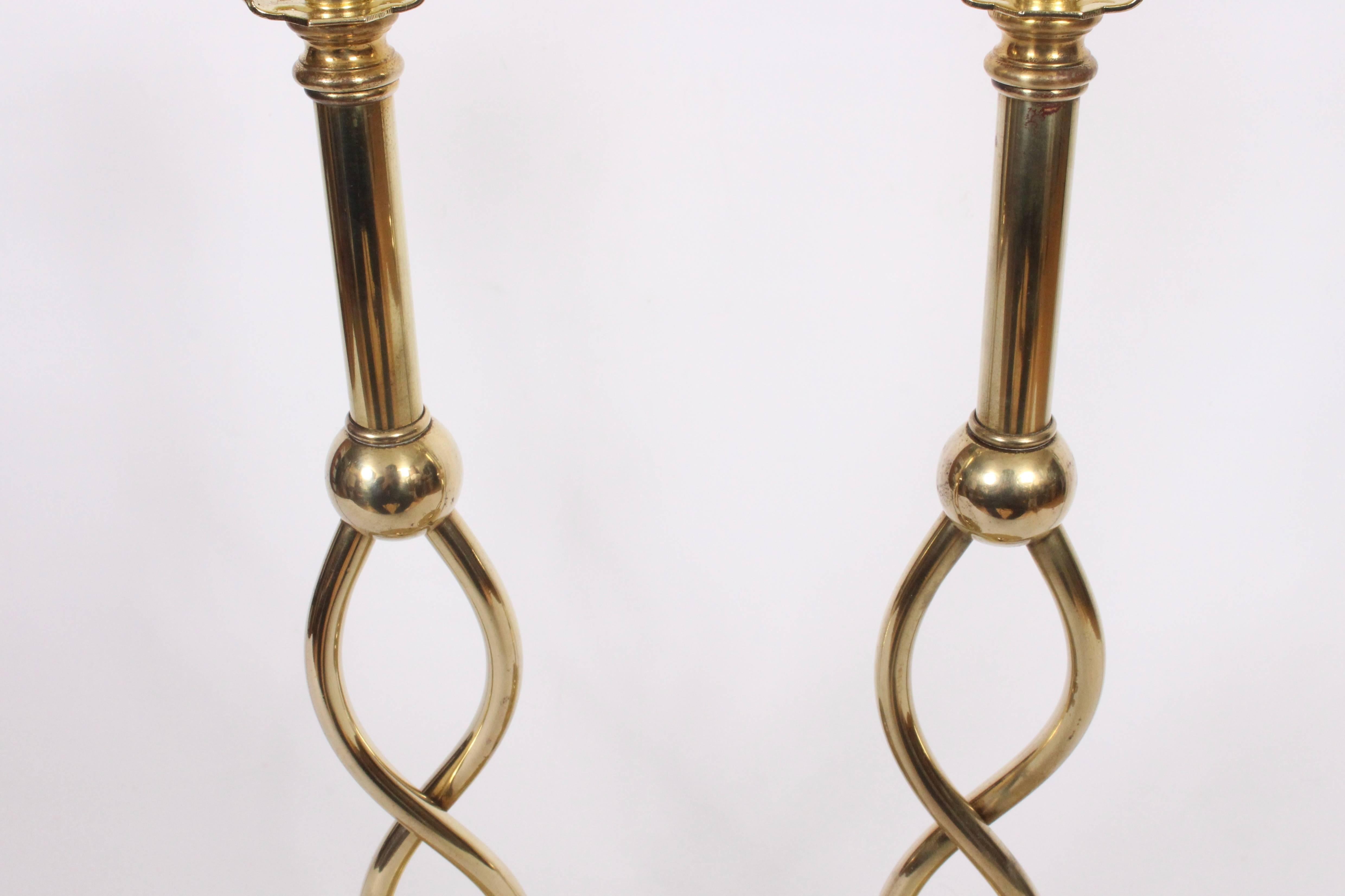 Hollywood Regency Pair of Hand Buffed Brass Double Twist Bedside Lamps, C. 1950