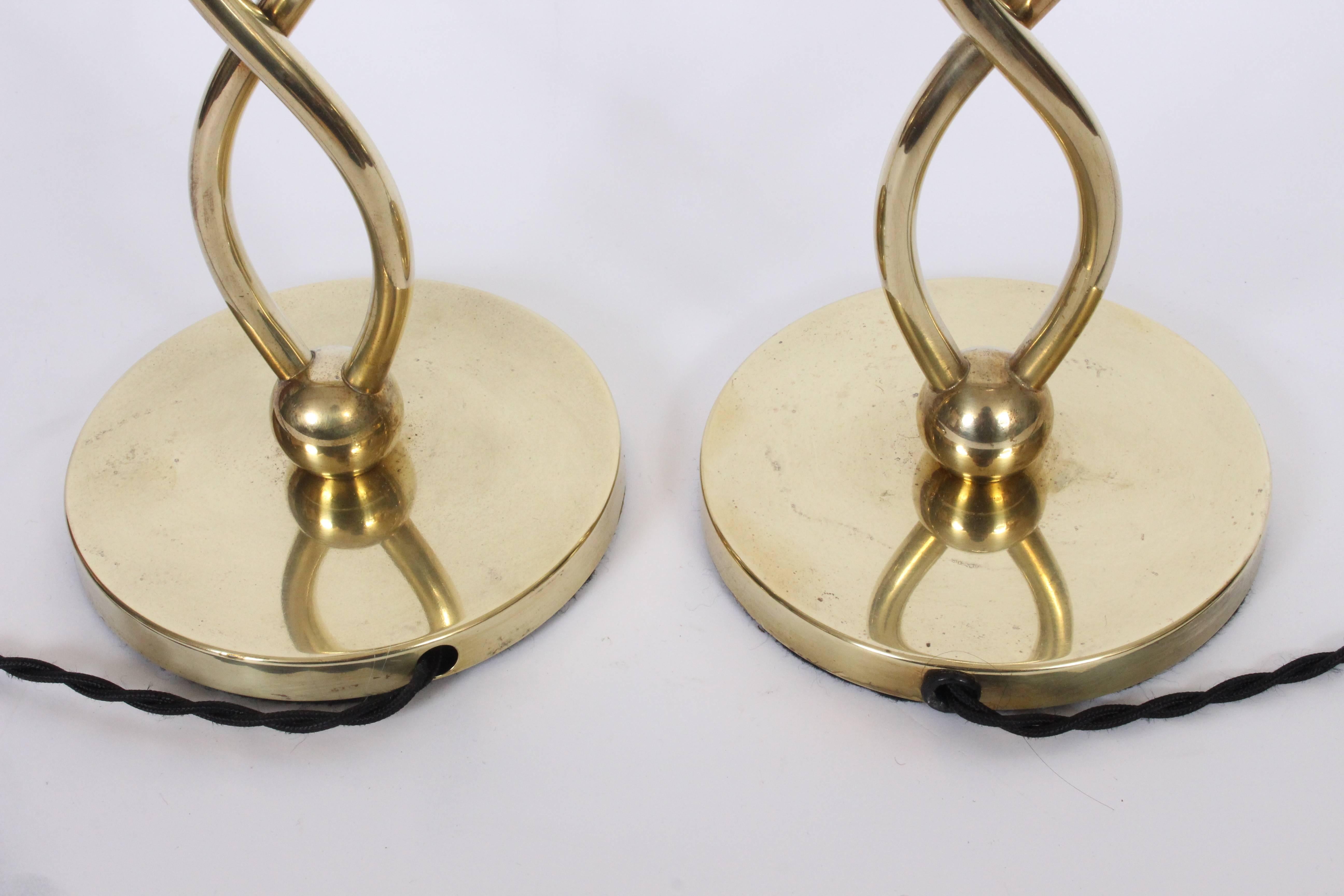 20th Century Pair of Hand Buffed Brass Double Twist Bedside Lamps, C. 1950