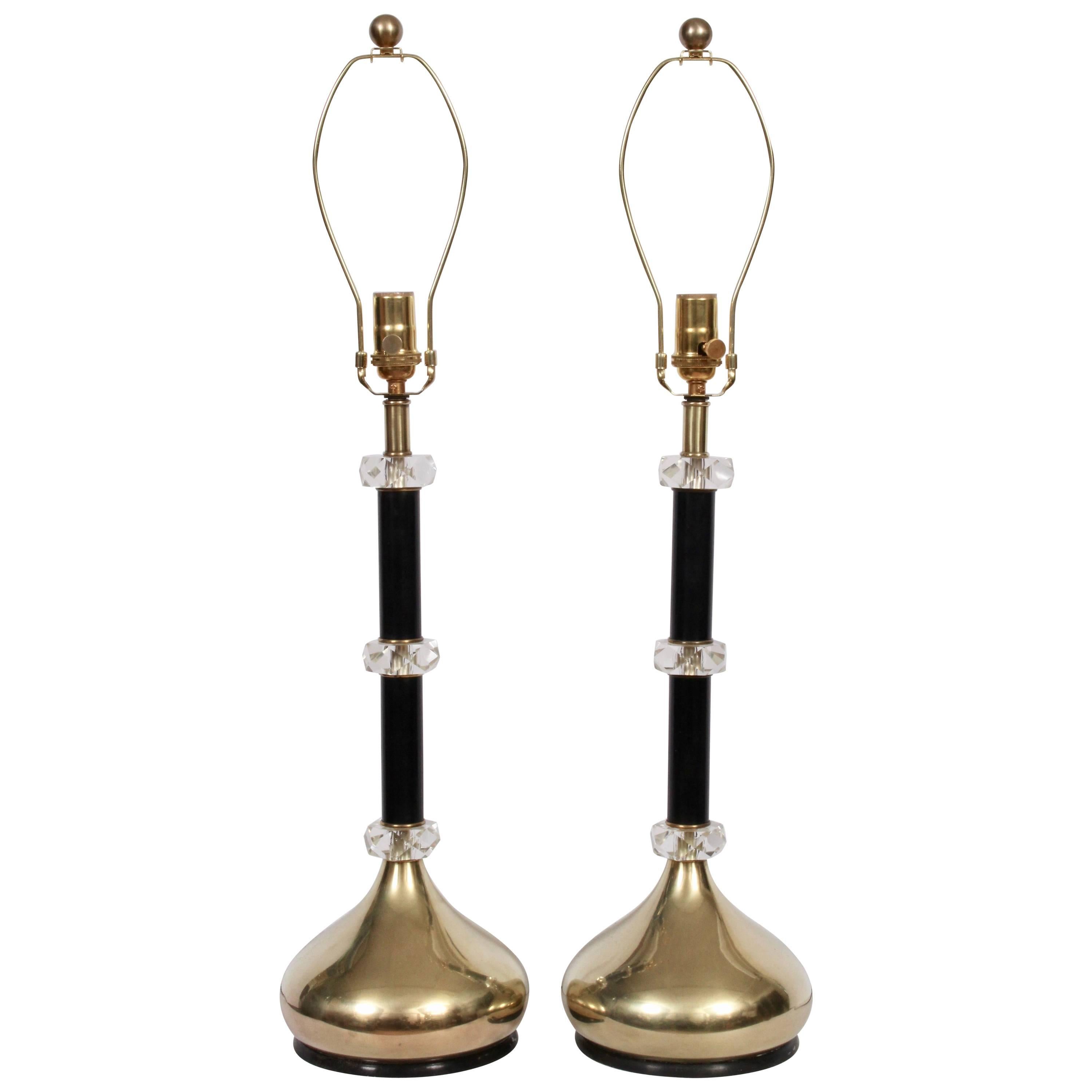 Tall Pair Hollywood Regency Stacked Brass, Black & Lucite Crystal Table Lamps