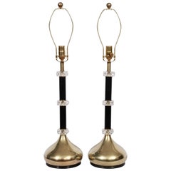 Tall Pair Black Enamel, Lucite & Brass Stacked Table Lamps, Circa 1960