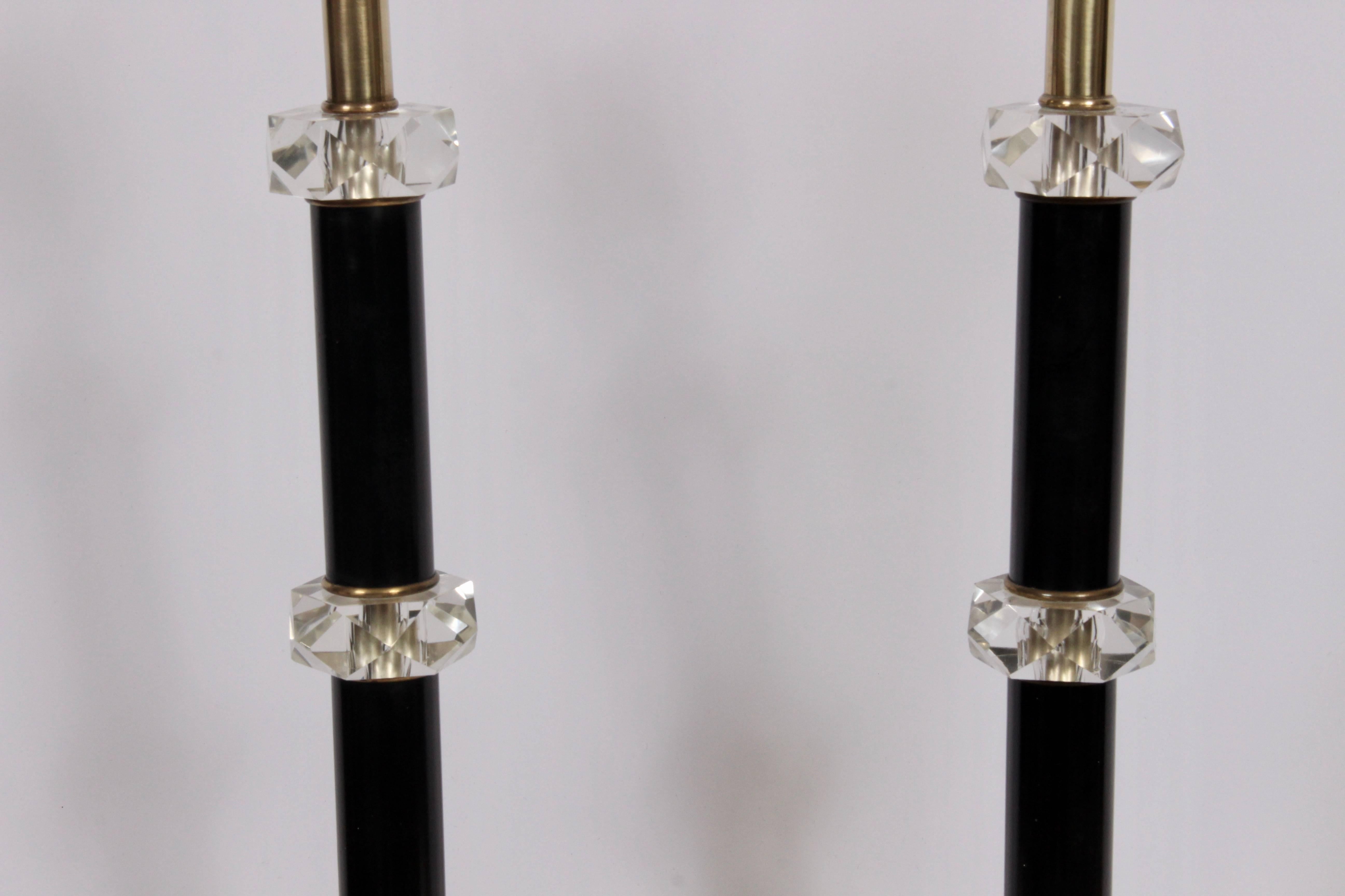 American Tall Pair Hollywood Regency Stacked Brass, Black & Lucite Crystal Table Lamps For Sale