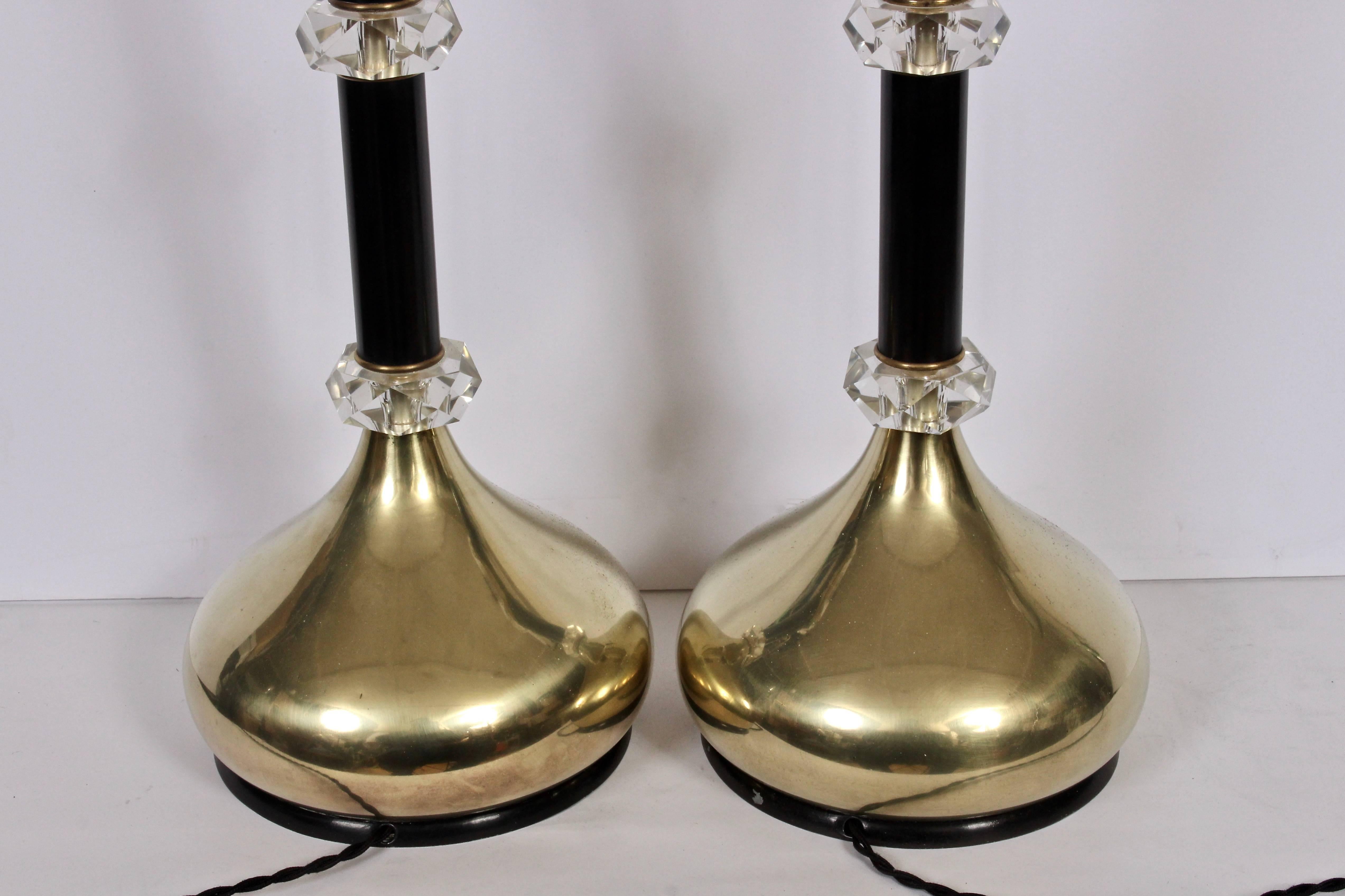 Mid-20th Century Tall Pair Hollywood Regency Stacked Brass, Black & Lucite Crystal Table Lamps For Sale