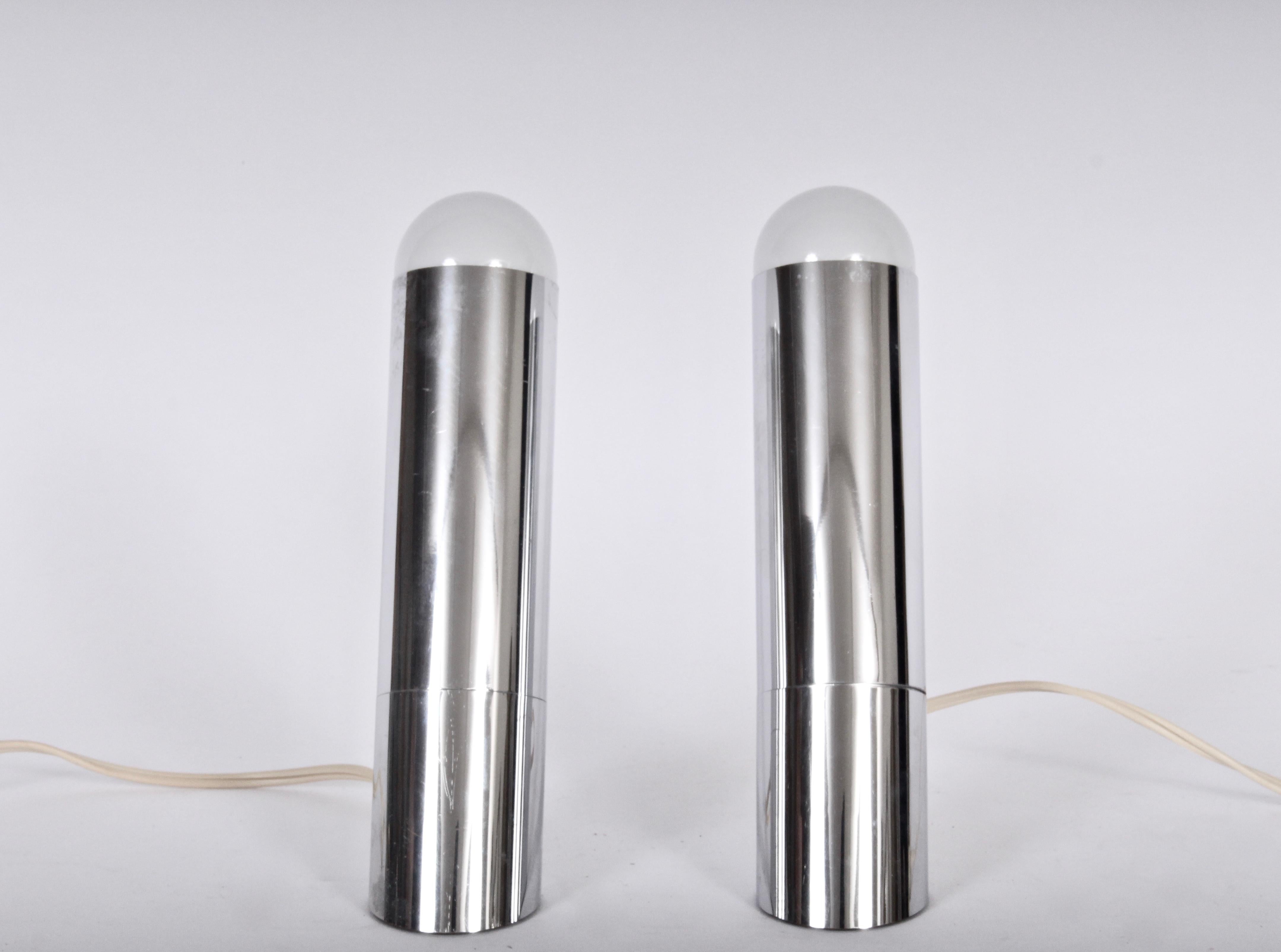 Modern Small Pair of Paul Mayen Style Angled Chrome Table Lamps, c. 1970 For Sale