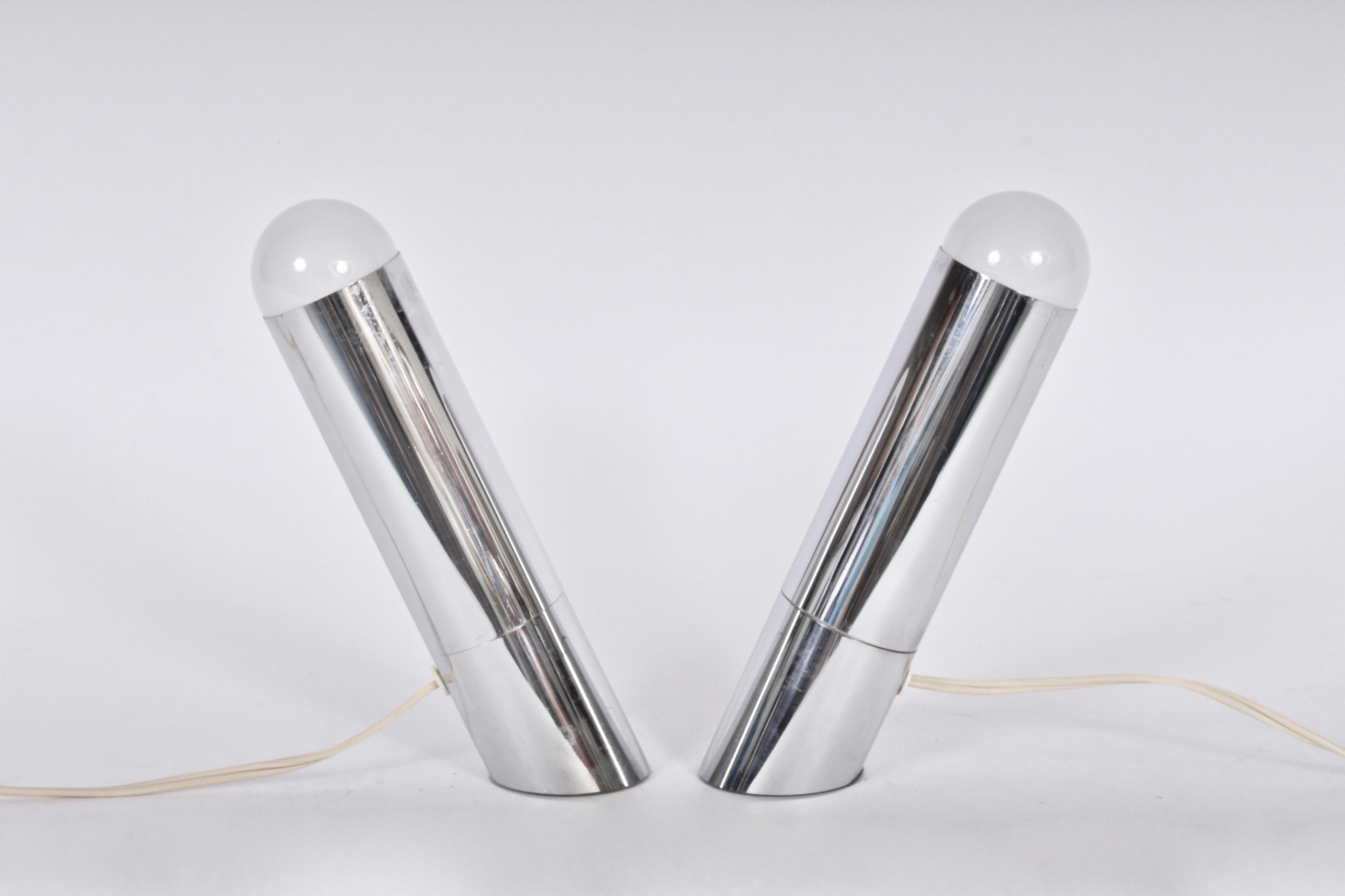 Small Pair of Paul Mayen Style Angled Chrome Table Lamps, c. 1970 In Good Condition For Sale In Bainbridge, NY