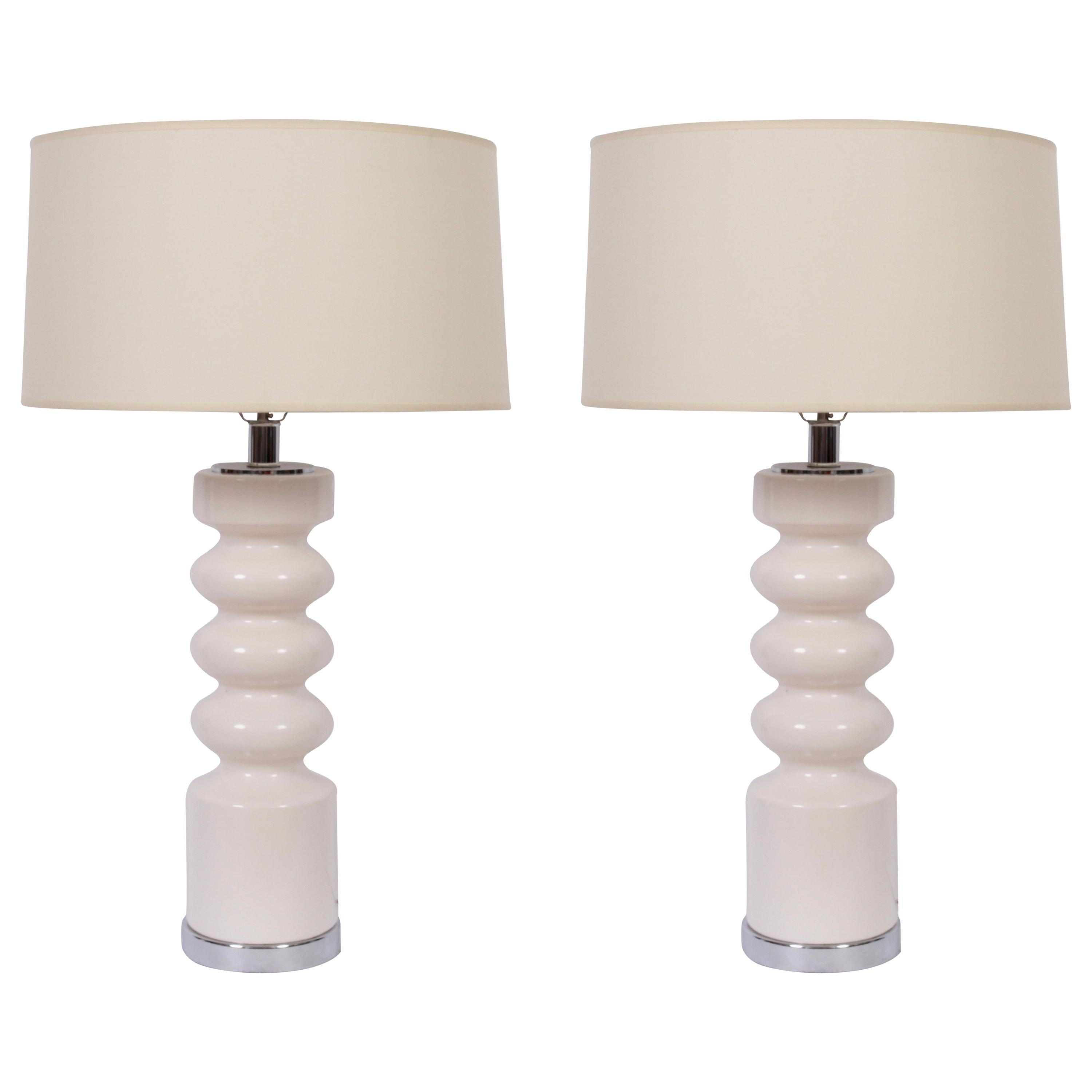 Tall Pair of Laurel Lamp Co. Off White Glazed Ceramic & Chrome Table Lamps, 1970