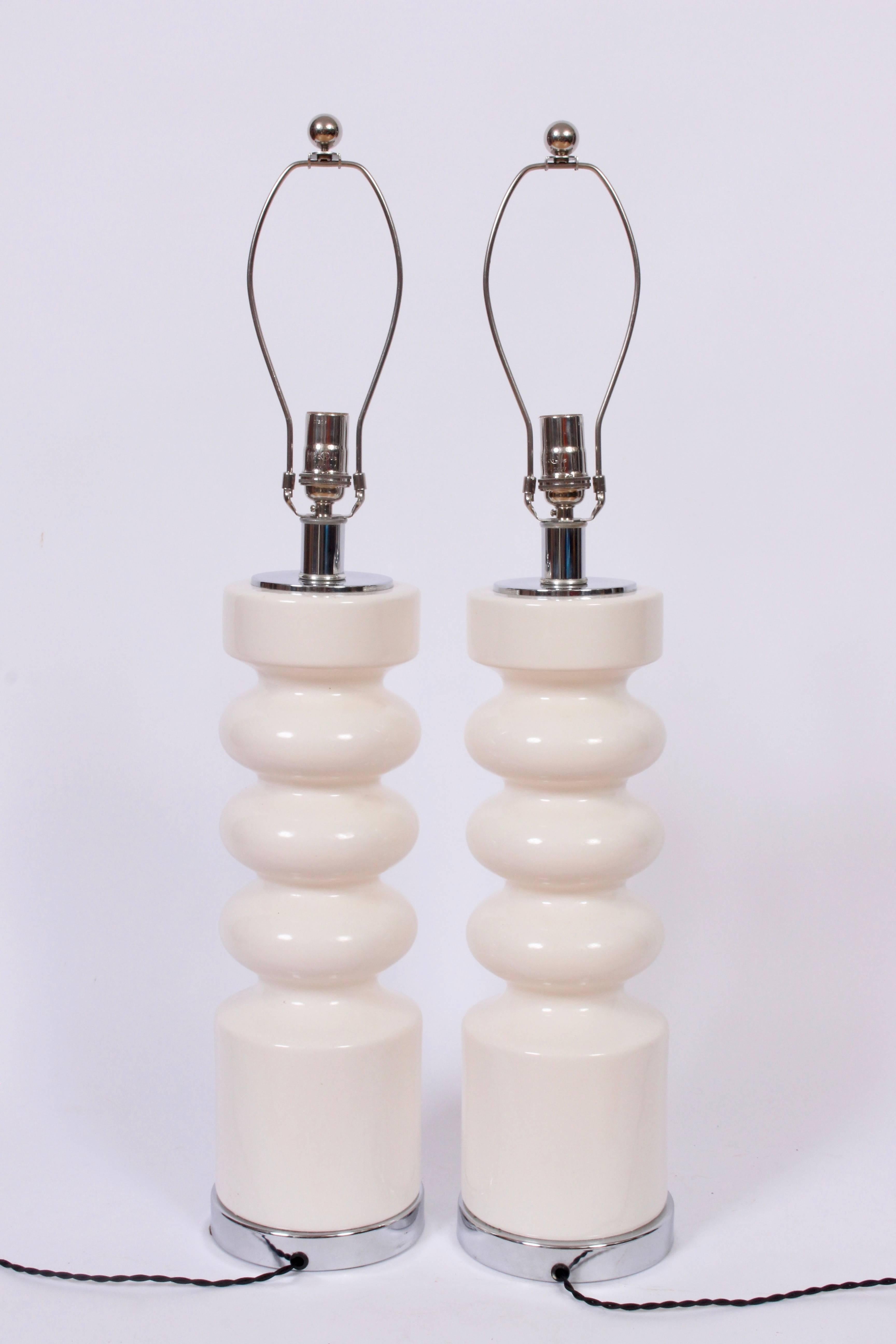 Modern Tall Pair of Laurel Lamp Co. Off White Glazed Ceramic & Chrome Table Lamps, 1970