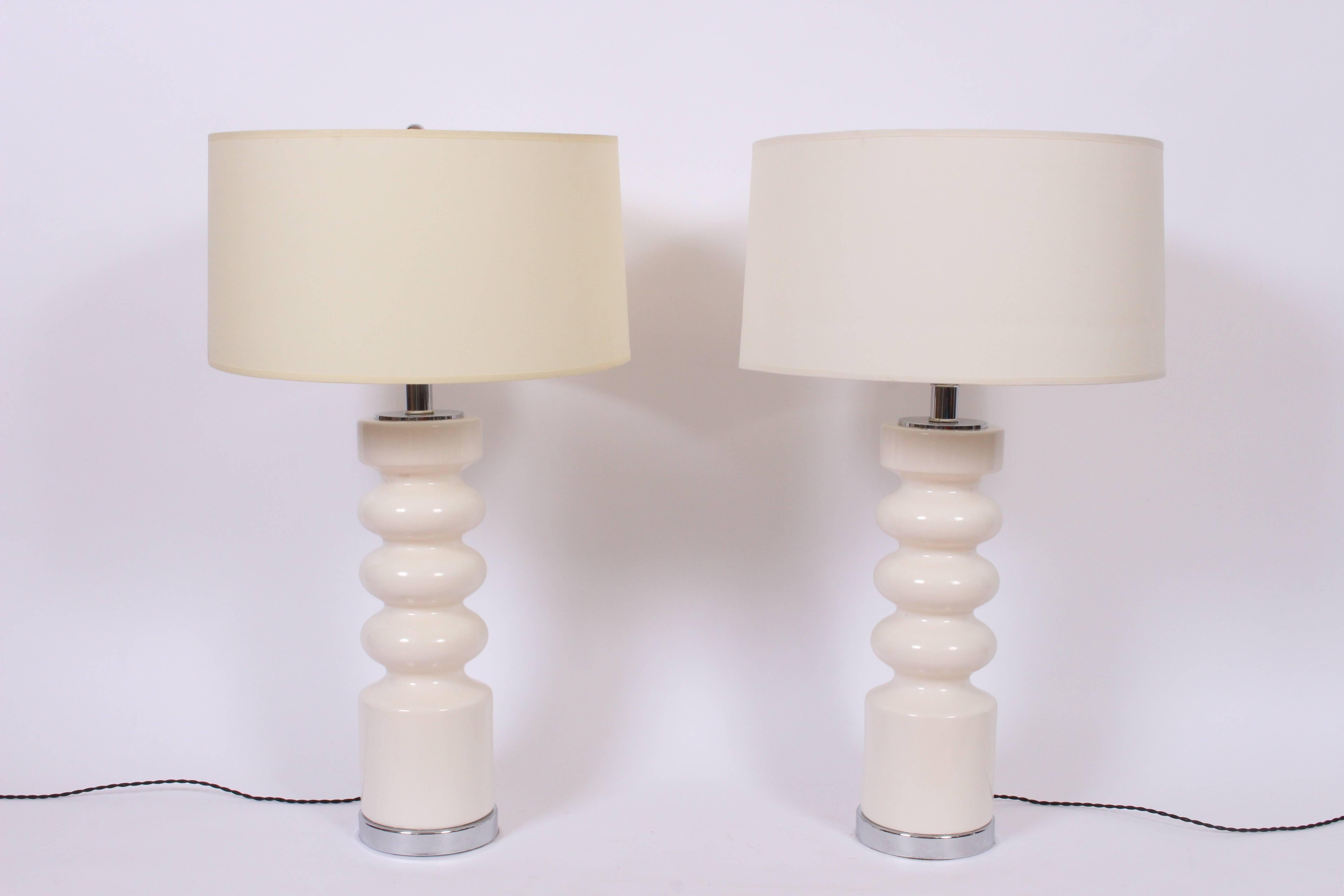 Tall Pair of Laurel Lamp Co. Off White Glazed Ceramic & Chrome Table Lamps, 1970 1