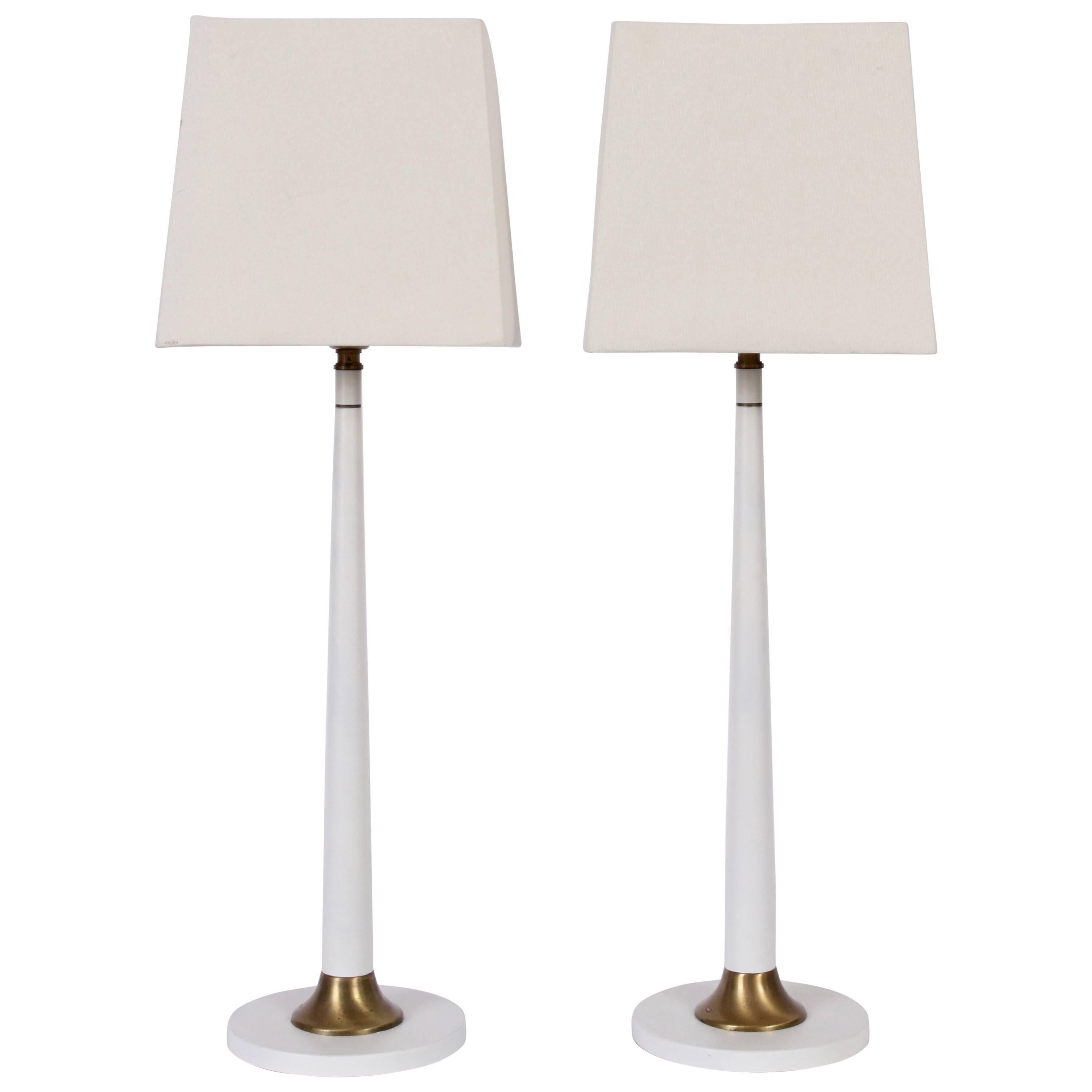 Tall Pair Rembrandt Lamp Co. White Candlestick Lamps with Glass Shades, 1950s