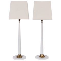 Vintage Tall Pair Rembrandt Lamp Co. White Candlestick Lamps with Glass Shades, 1950s