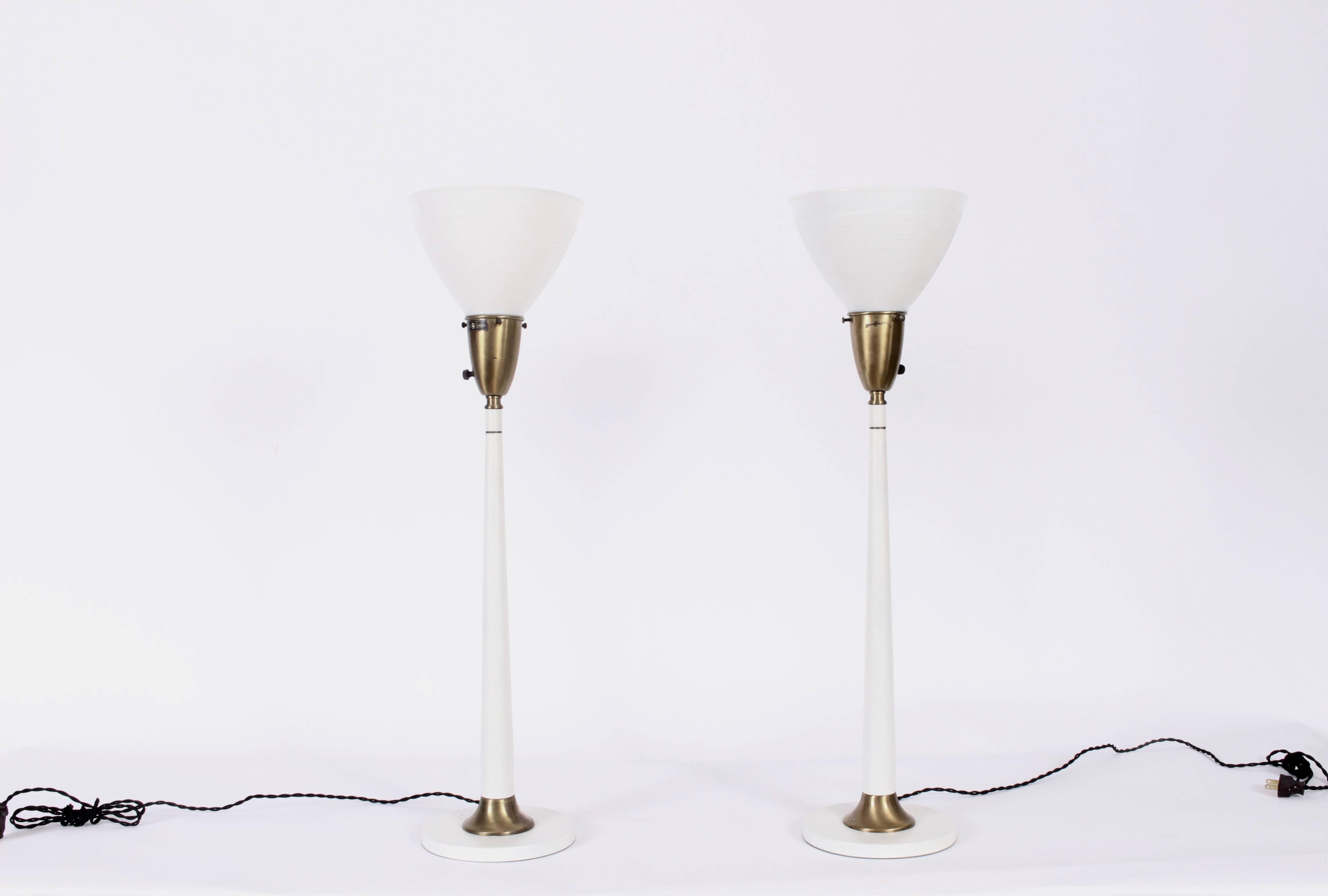 American Tall Pair Rembrandt Lamp Co. White Candlestick Lamps with Glass Shades, 1950s For Sale
