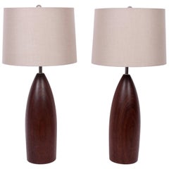 Tall Pair of Danish Modern Solid Turned Dark Teak Table Lamps, circa 1960