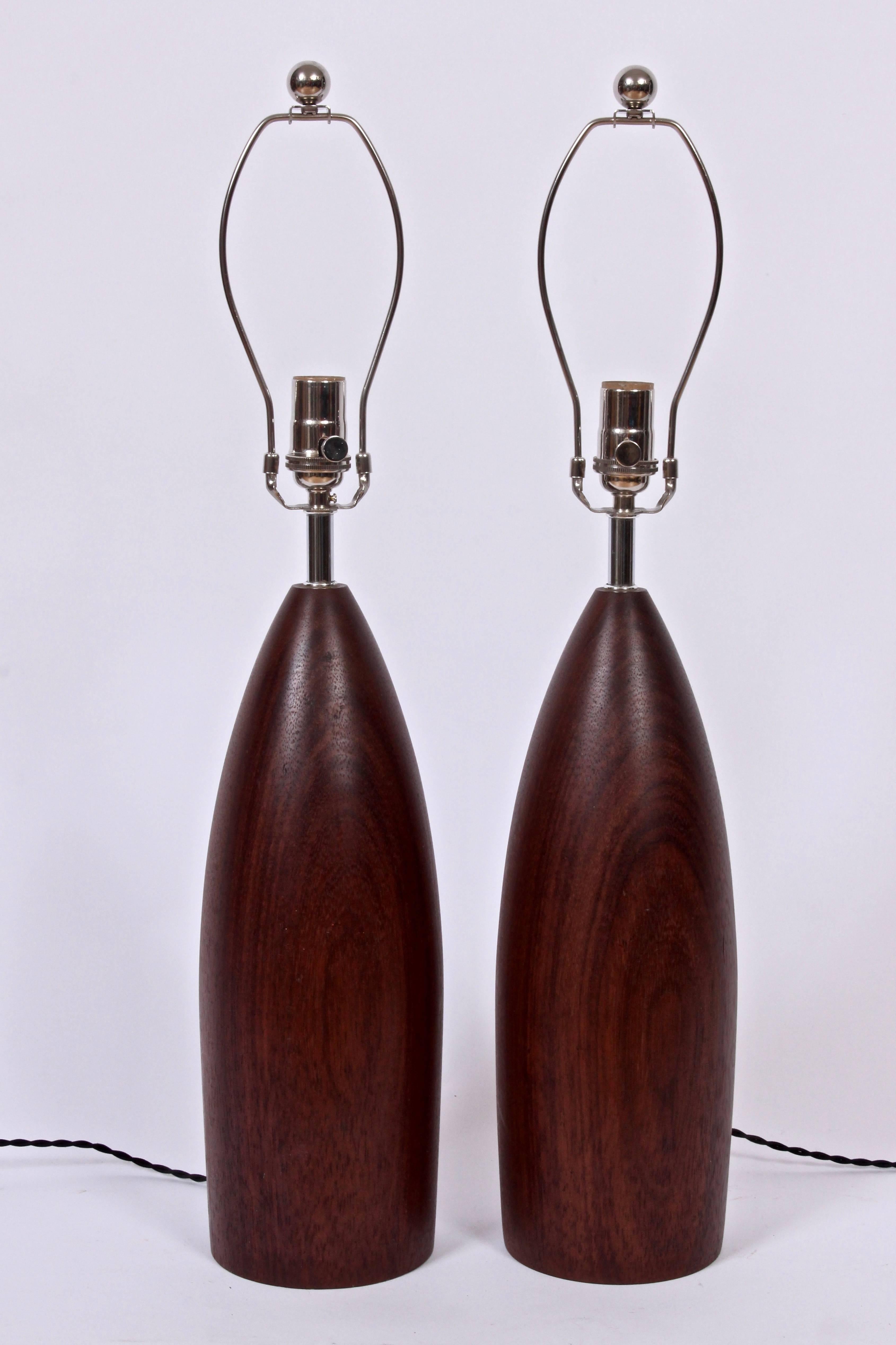 Tall Pair of Danish Modern Solid Turned Dark Teak Table Lamps, circa 1960 In Good Condition In Bainbridge, NY
