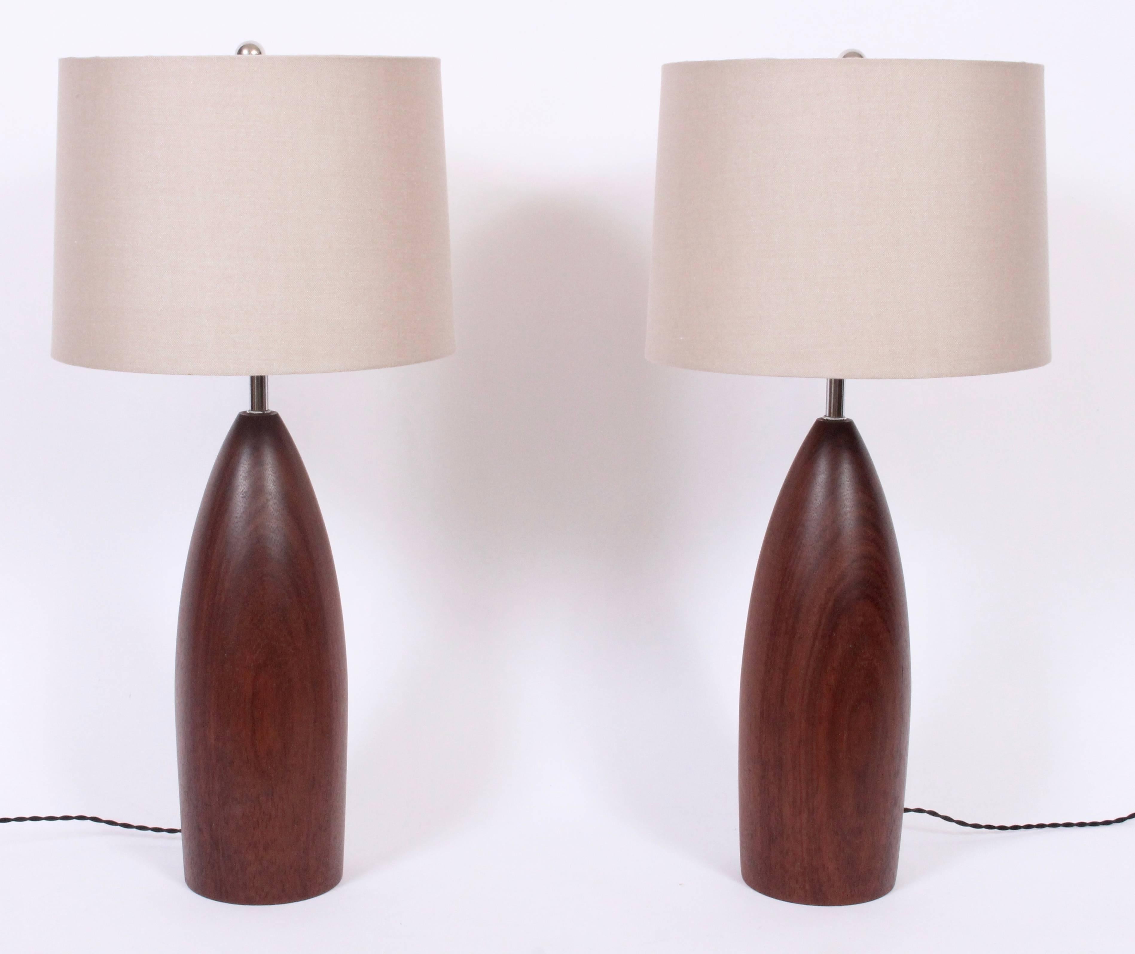 Tall Pair of Danish Modern Solid Turned Dark Teak Table Lamps, circa 1960 3