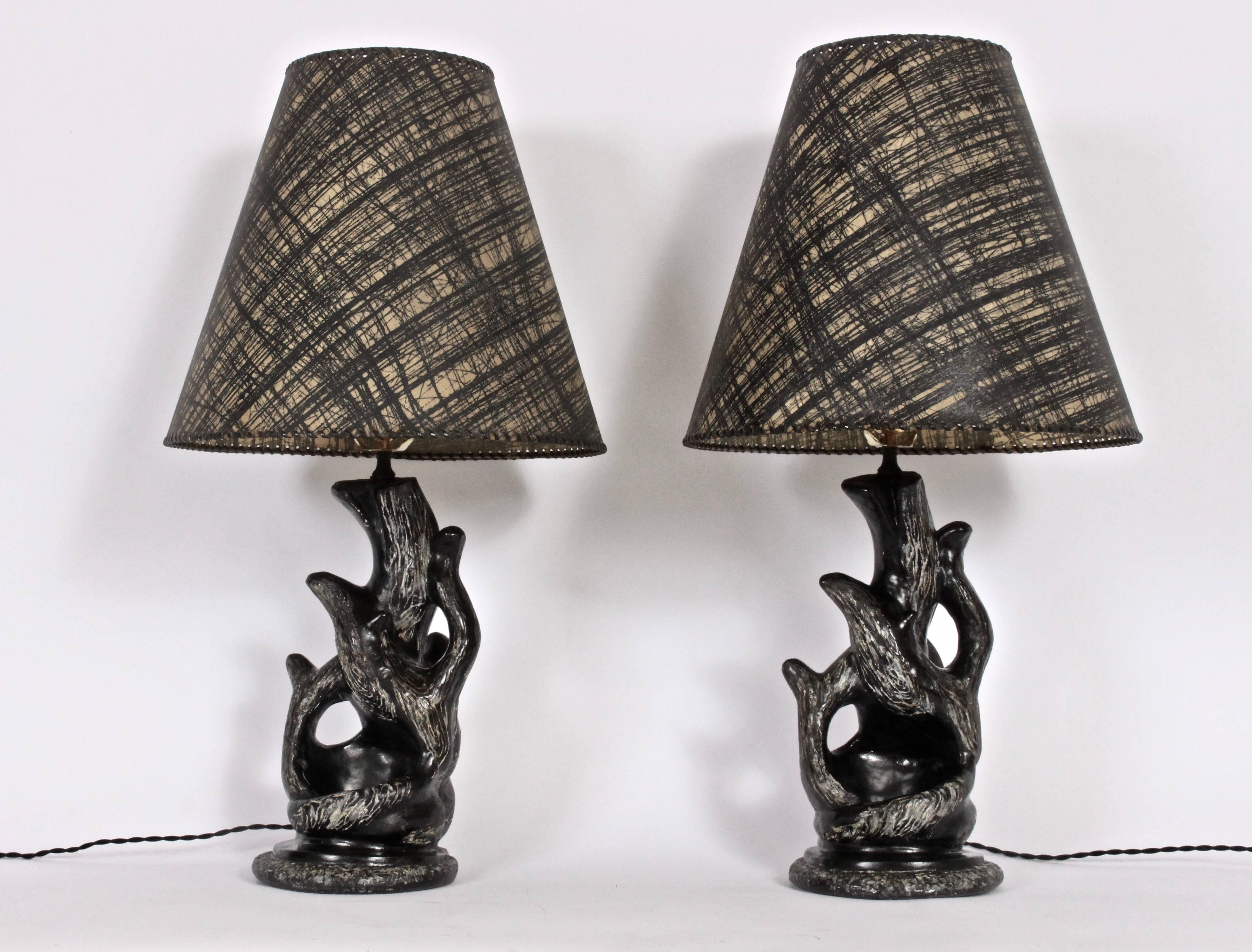 Pair P. Sanfilippo California Modern Black & White Chalkware Table Lamps, 1950s For Sale 1