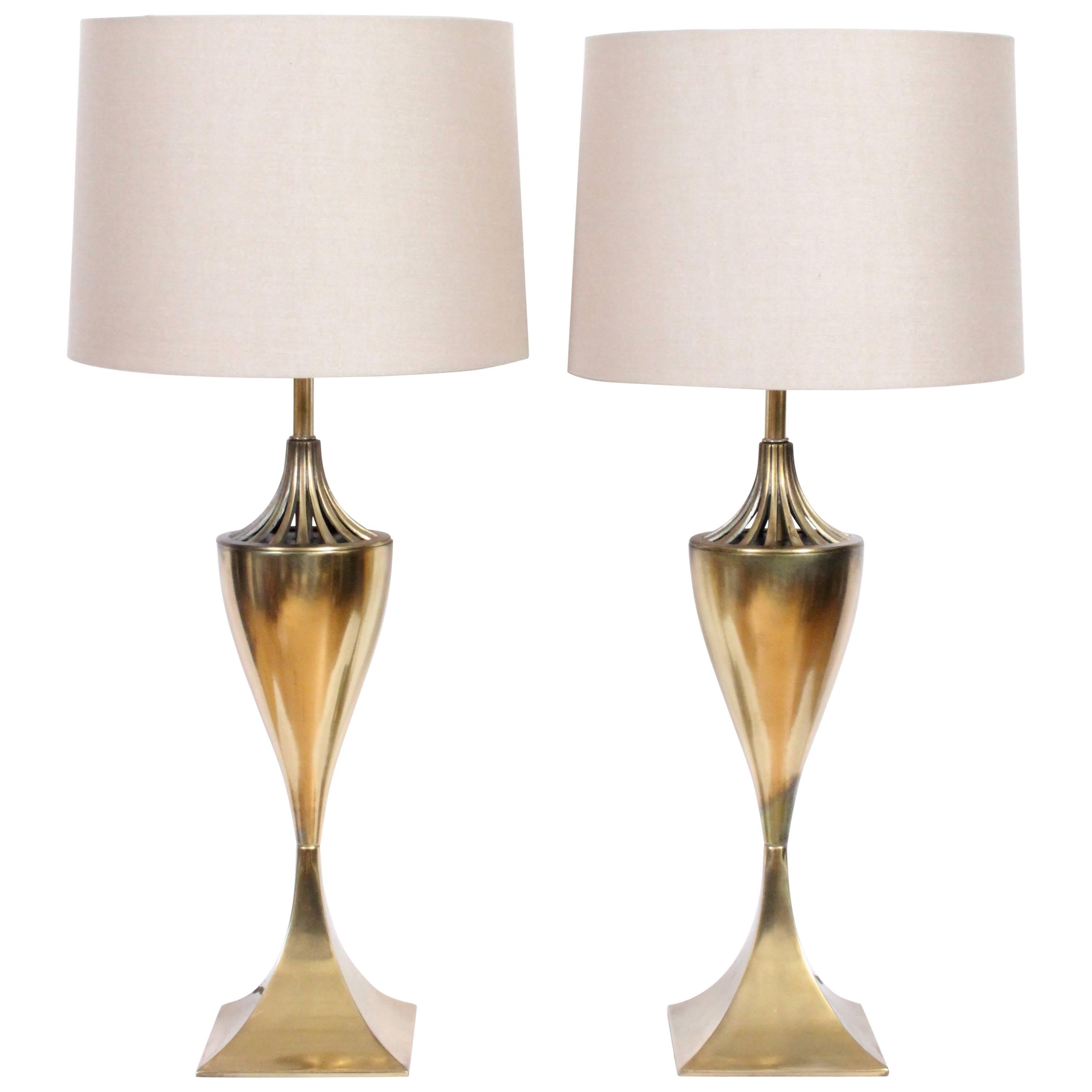 Tall Pair Westwood Industries, Tony Paul Style, Vented Brass Table Lamps, 1950s