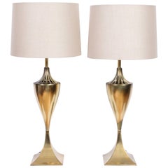 Retro Tall Pair Tony Paul Style Westwood Industries Vented Brass Table Lamps, 1950s