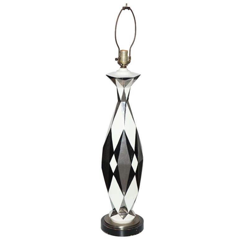 Substantial French Black, White & Silver "Diamond" Art Pottery Table Lamp, 1930s For Sale