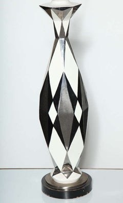 Substantial French Black, White & Silver "Diamond" Art Pottery Table Lamp, 1930s