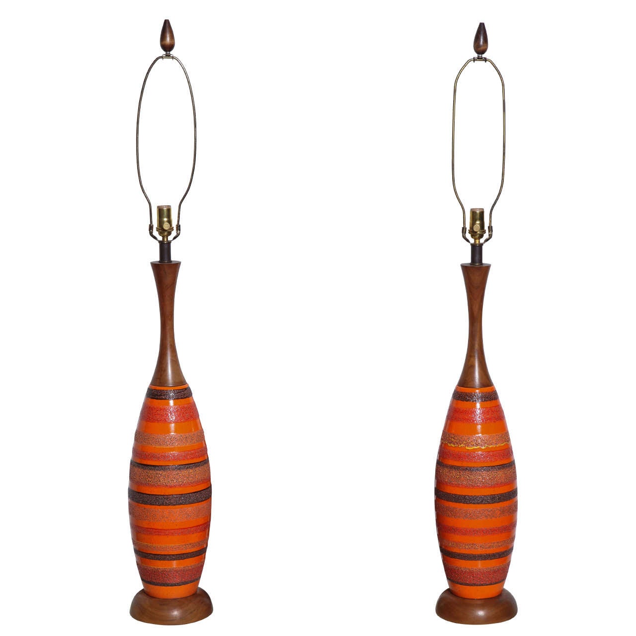 Tall Pair Raymor Charcoal Banded Orange Ceramic & Walnut Lamps