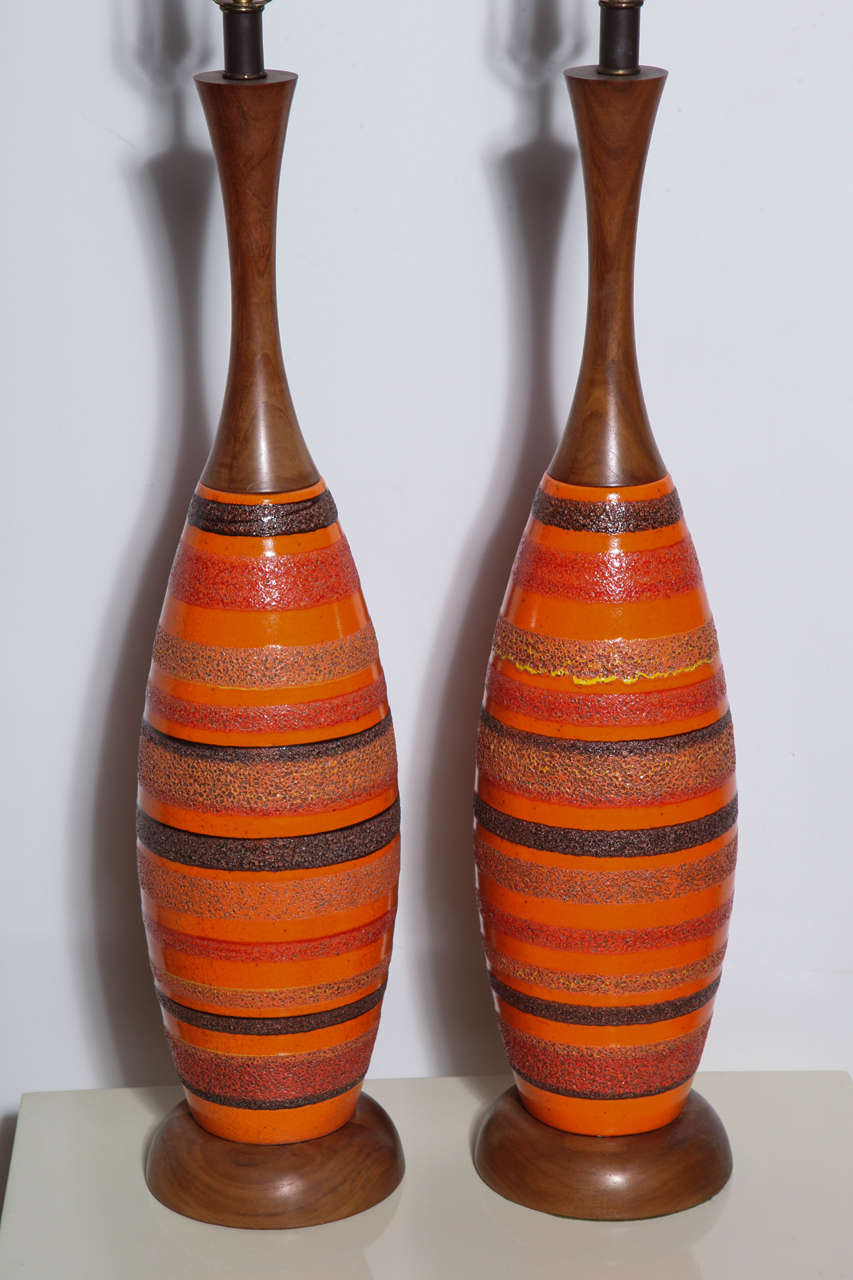 Mid-Century Modern Tall Pair Raymor Charcoal Banded Orange Ceramic & Walnut Lamps