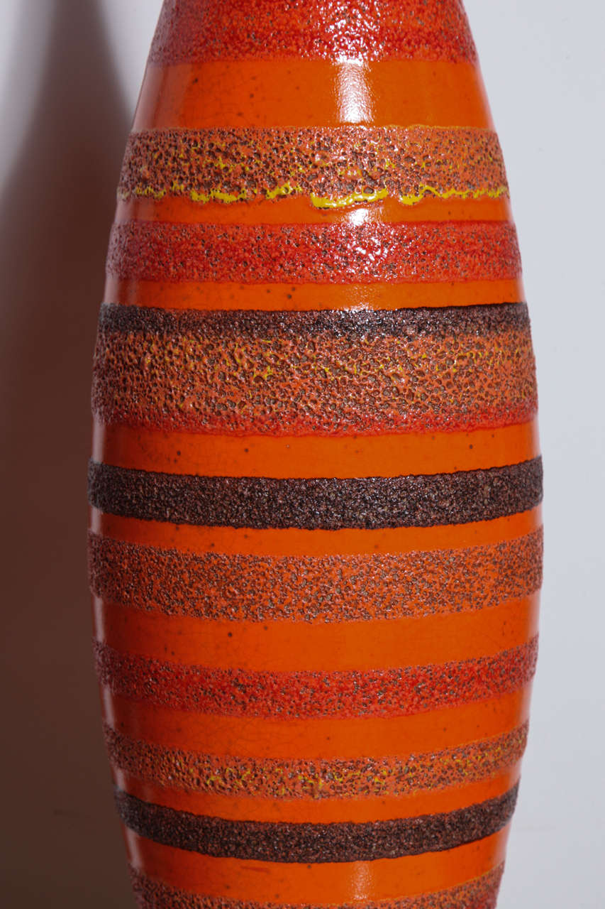 Tall Pair Raymor Charcoal Banded Orange Ceramic & Walnut Lamps 1