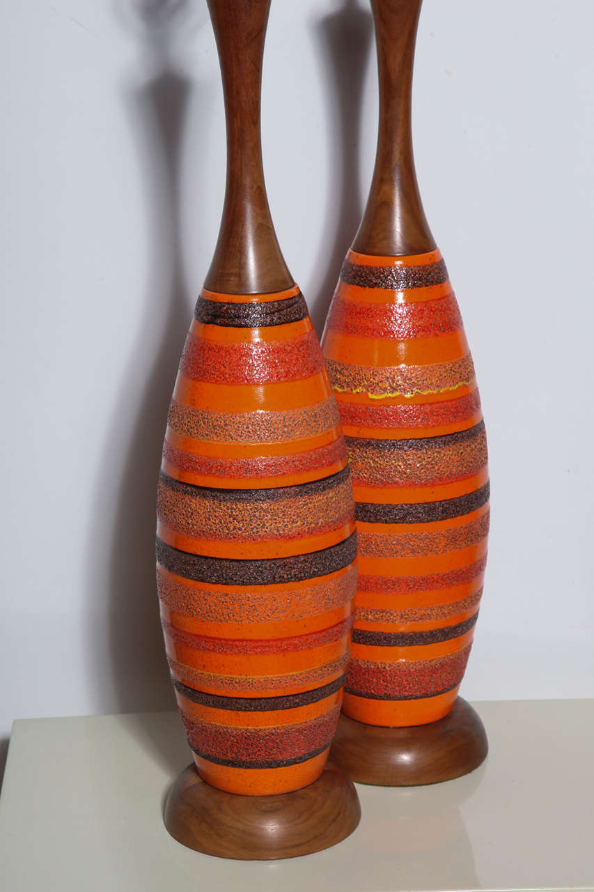 Tall Pair Raymor Charcoal Banded Orange Ceramic & Walnut Lamps 2