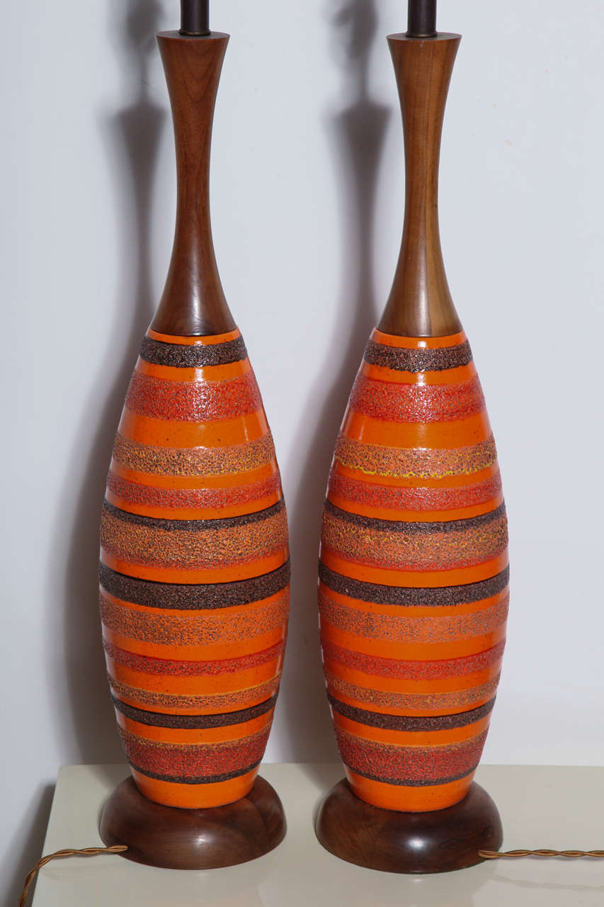 Tall Pair Raymor Charcoal Banded Orange Ceramic & Walnut Lamps 3