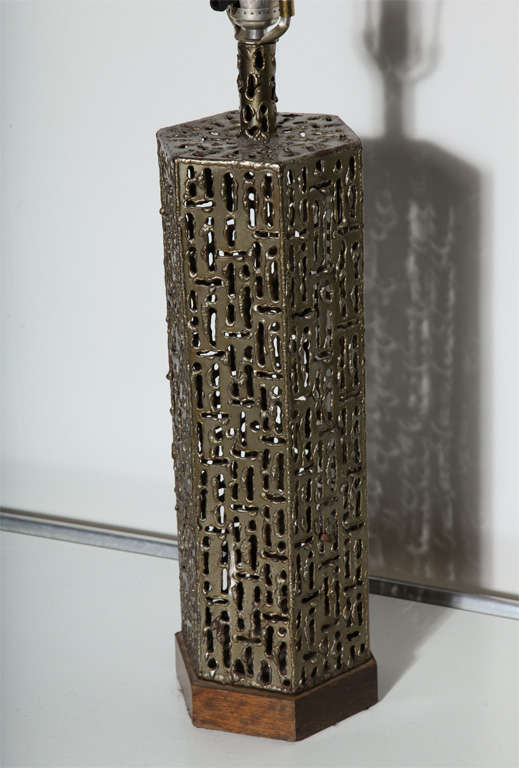 Mid-Century Modern Pair of Marcello Fantoni Torch Cut Bronzed Brass Brutalist Hexagonal Table Lamps