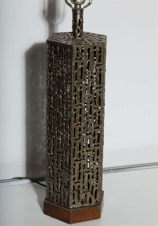 Italian Pair of Marcello Fantoni Torch Cut Bronzed Brass Brutalist Hexagonal Table Lamps